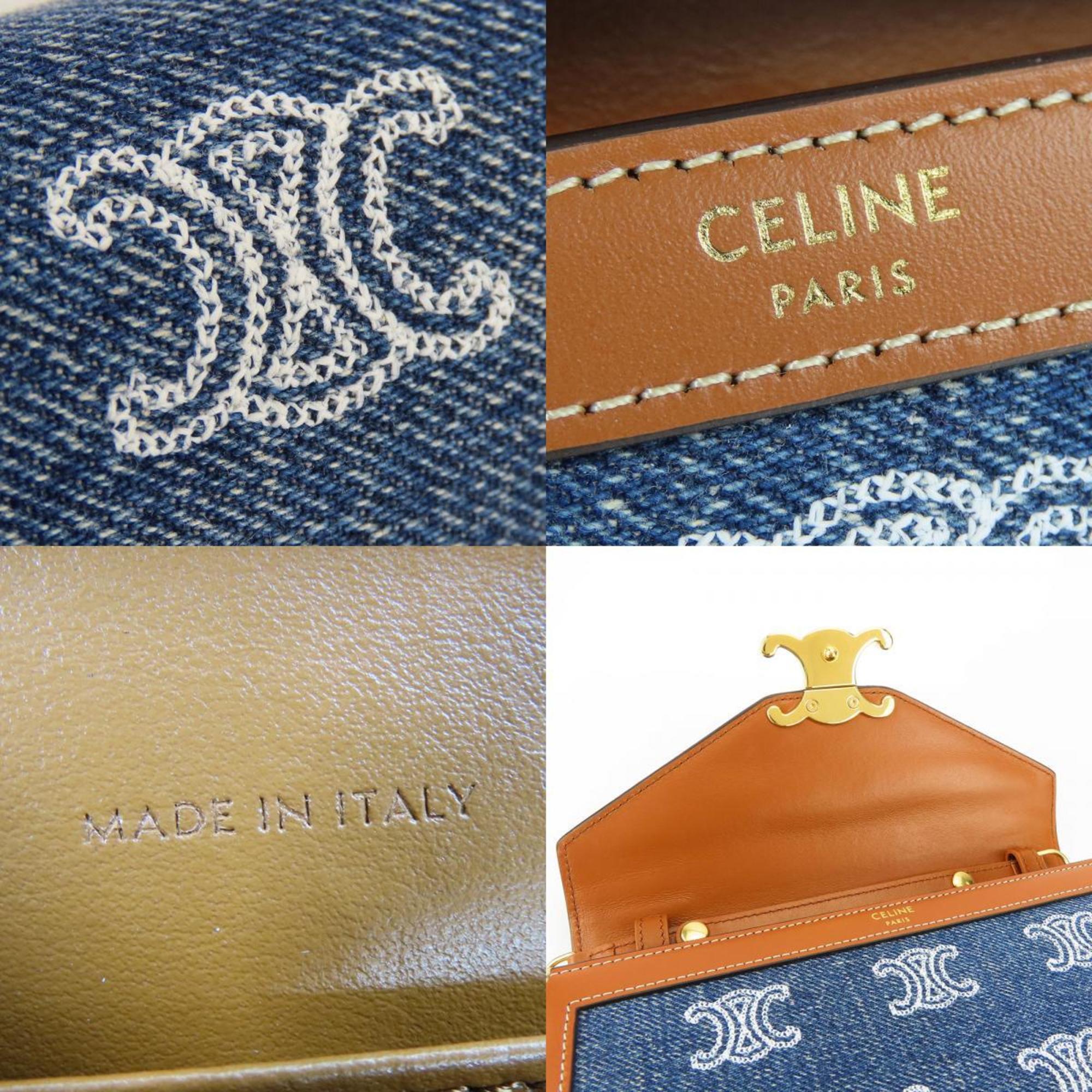 Celine Shoulder Bag Margot Triomphe Denim Leather Navy Tan Chain Wallet Women's CELINE