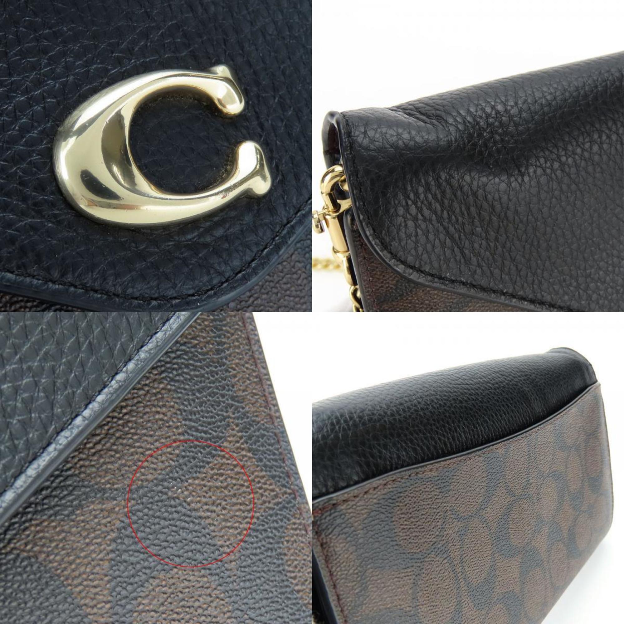 Coach Shoulder Bag C7301 Signature Leather Black Dark Brown Clutch Chain Wallet Women's COACH