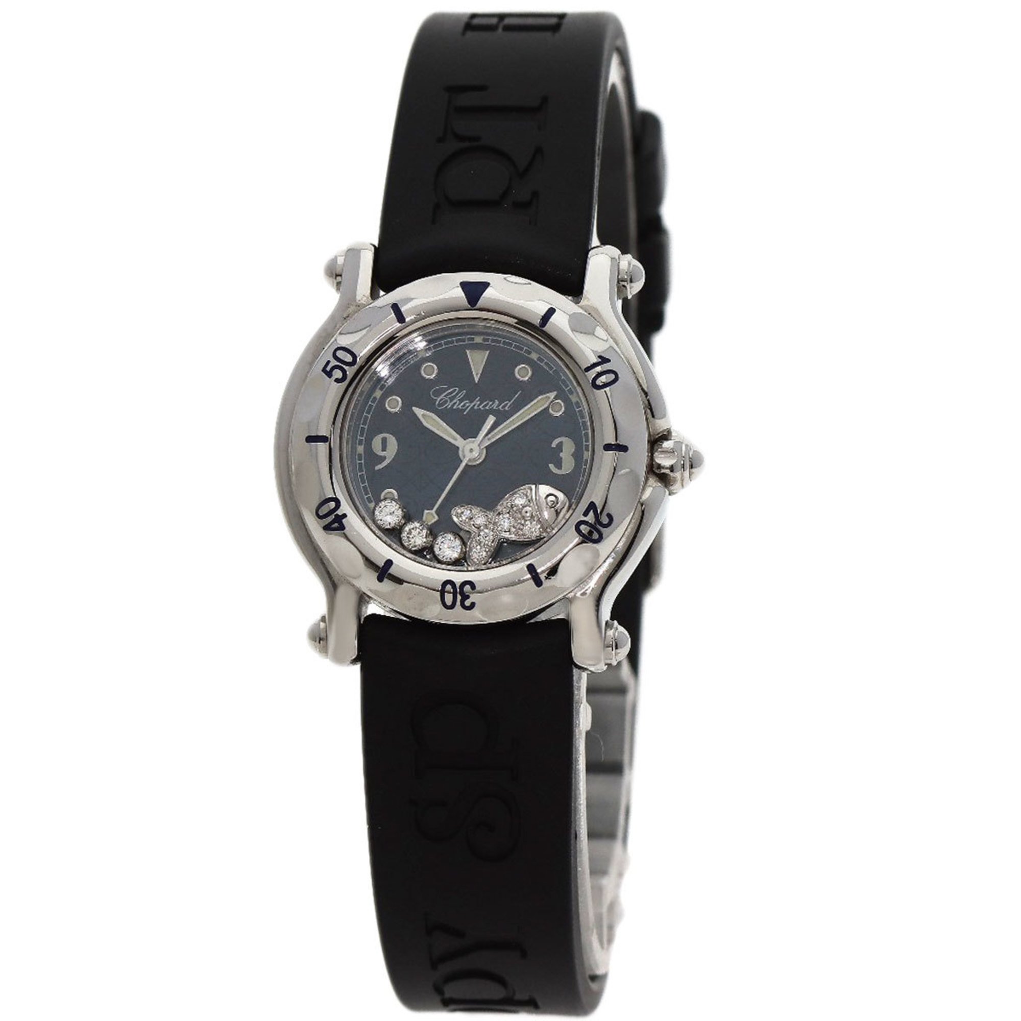 Chopard 27 8923 Happy Sport Fish Diamond Watch Stainless Steel Rubber Ladies