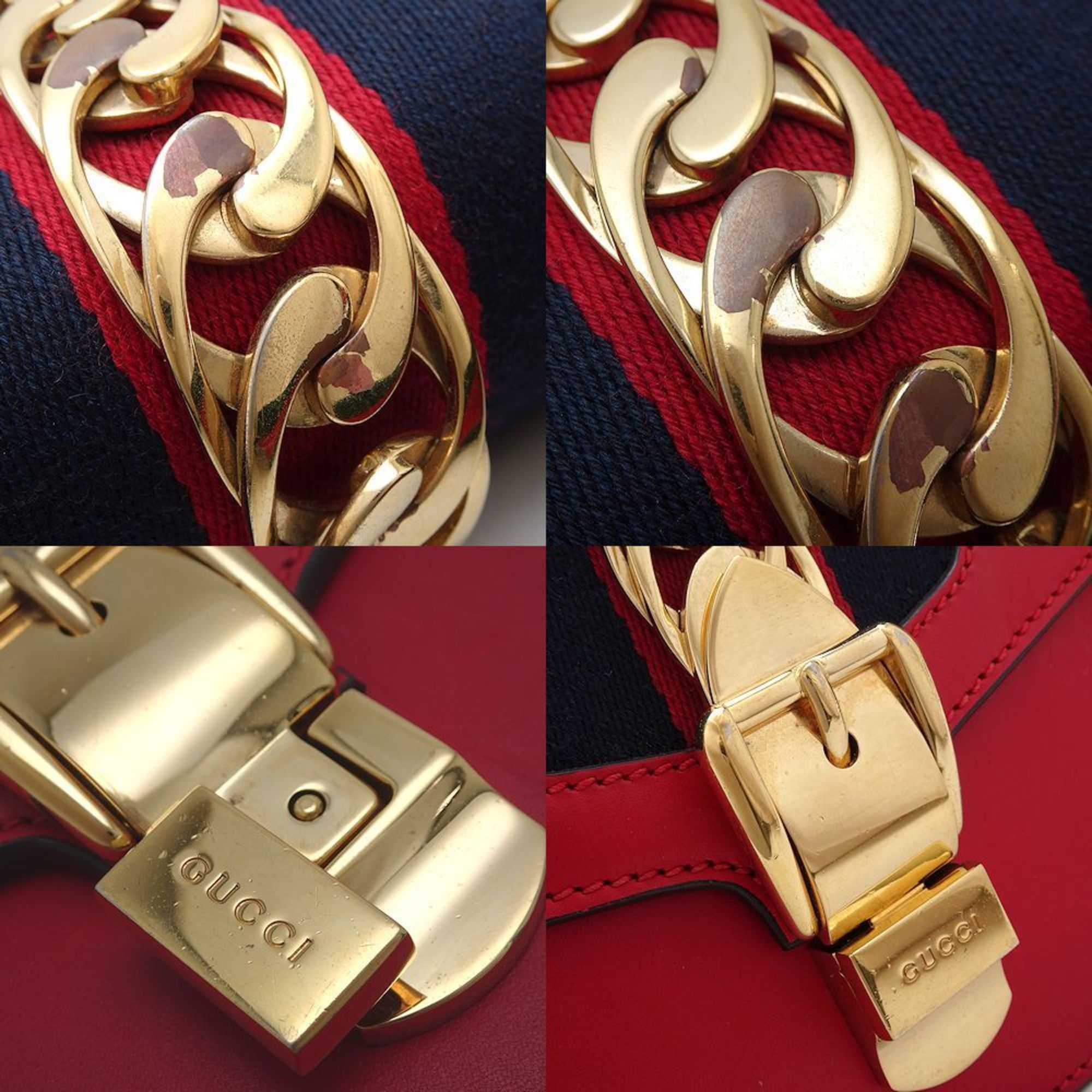 GUCCI Sylvie 421882 Shoulder Bag Leather Red Navy 351806