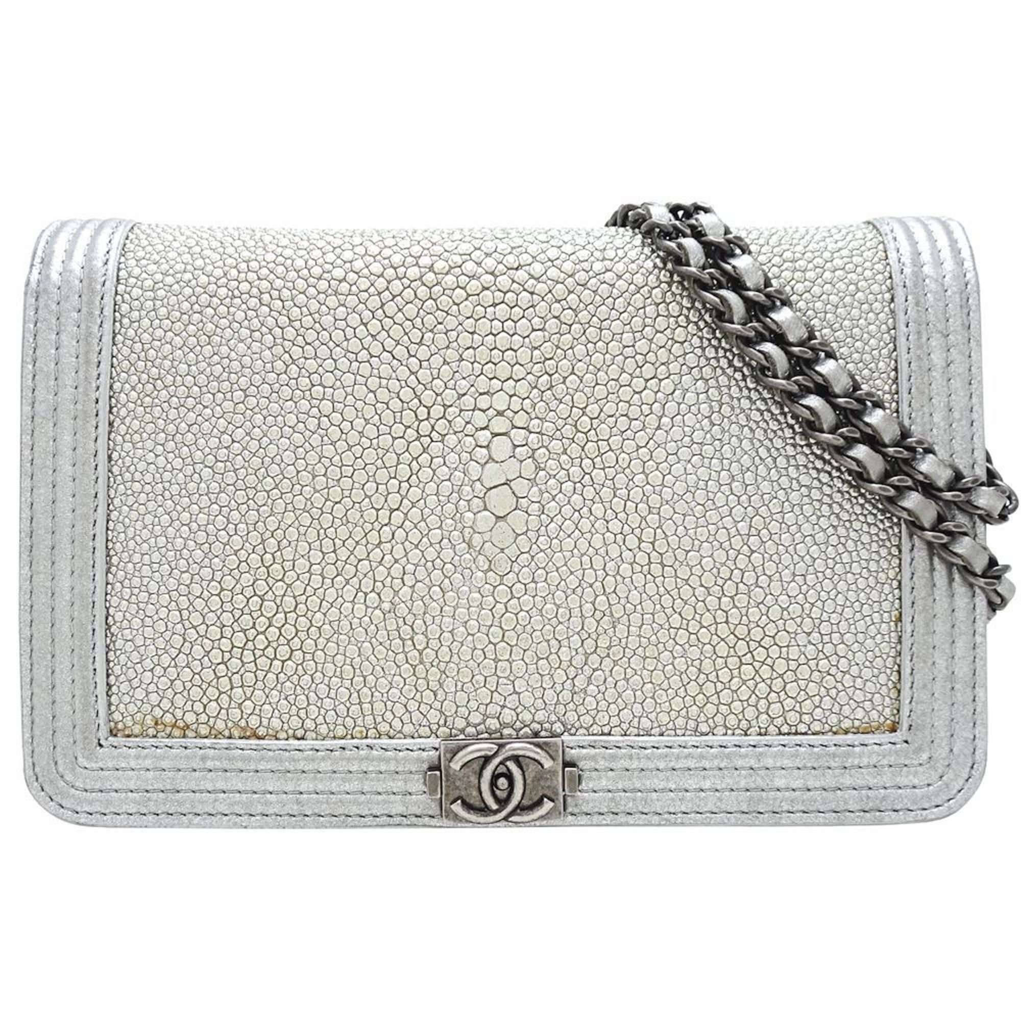 CHANEL Chain Wallet Shoulder Bag Stingray Leather Silver 351807