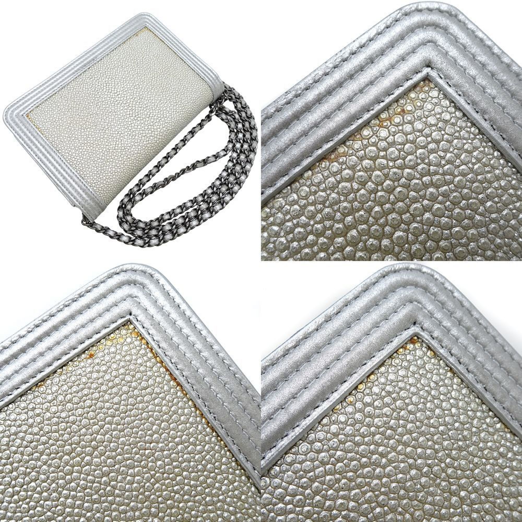 CHANEL Chain Wallet Shoulder Bag Stingray Leather Silver 351807