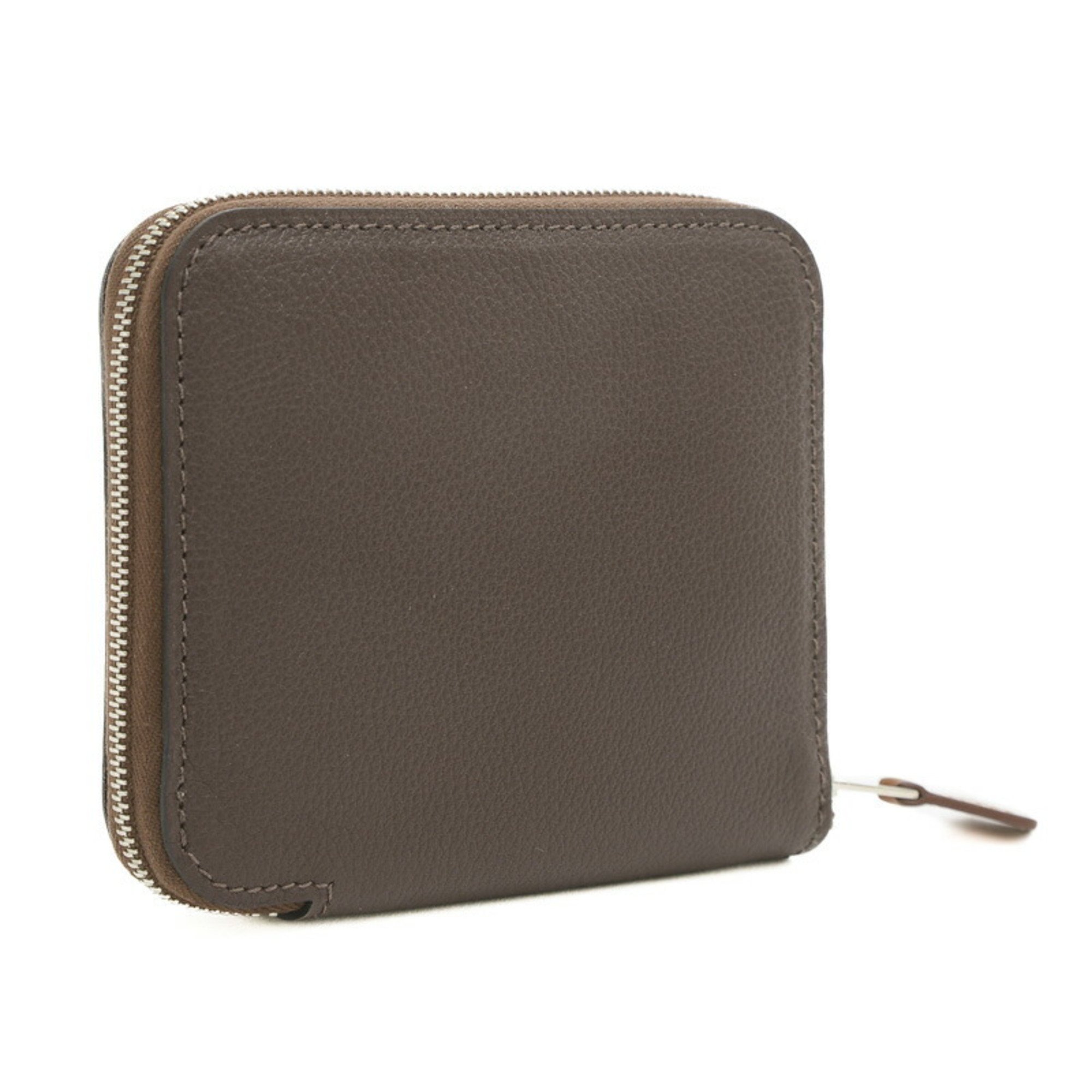 Hermes Azap Compact Silkin Round Wallet Evercolor Mocha B Engraved