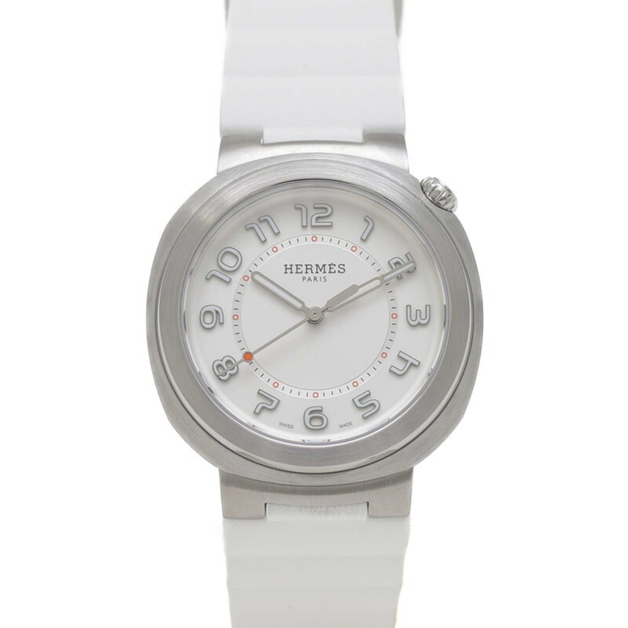 Hermes Cut GM Watch White Dial Stainless Steel Rubber Strap Automatic SD1.510