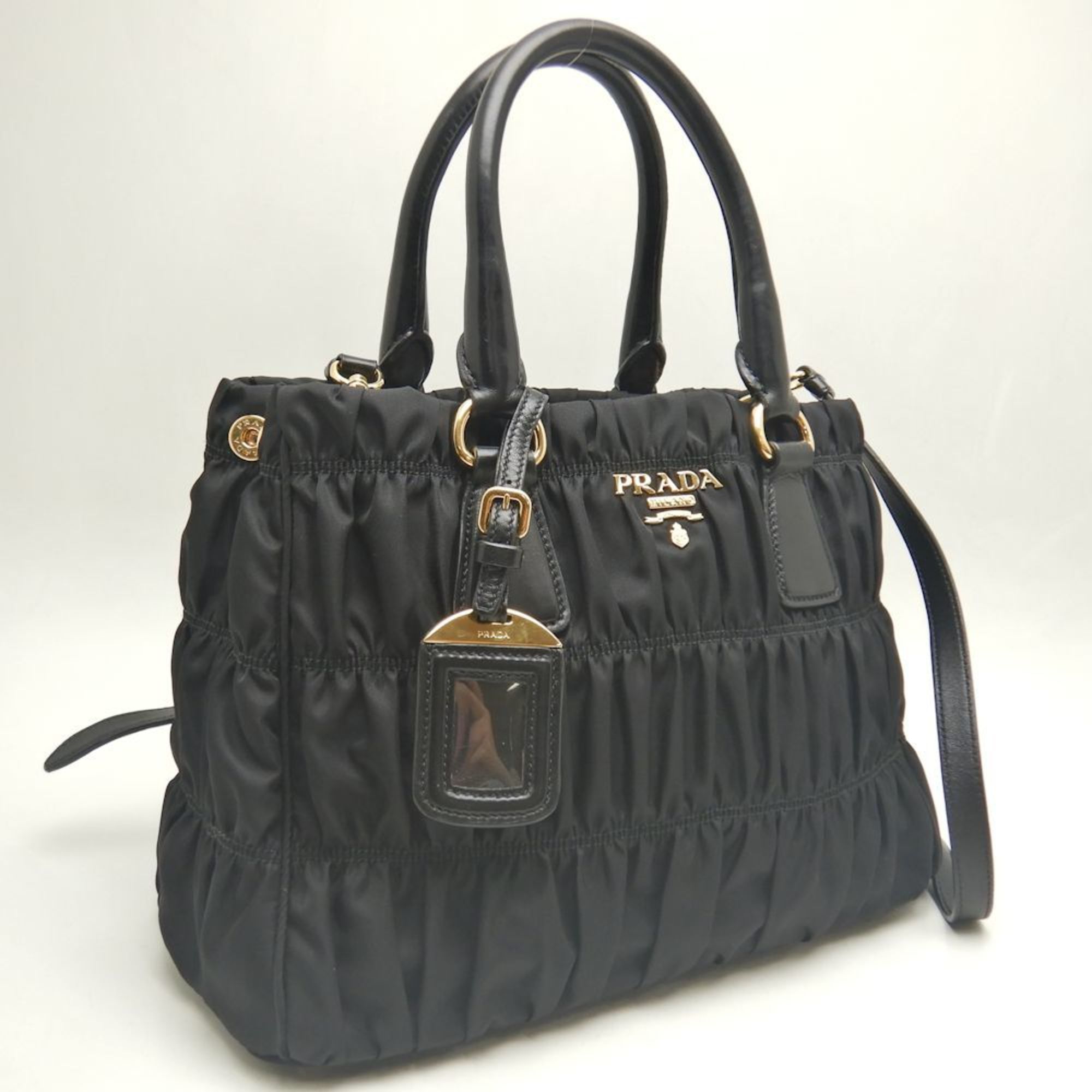 PRADA BN2393 Handbag Gathered Tessuto x Leather NERO 252230