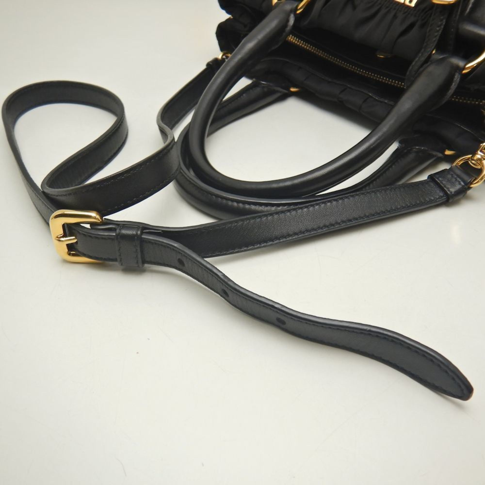 PRADA BN2393 Handbag Gathered Tessuto x Leather NERO 252230