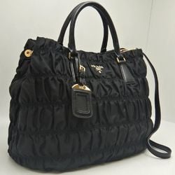 PRADA B1789L Tote Bag Gathered Nylon x Leather Black 252223