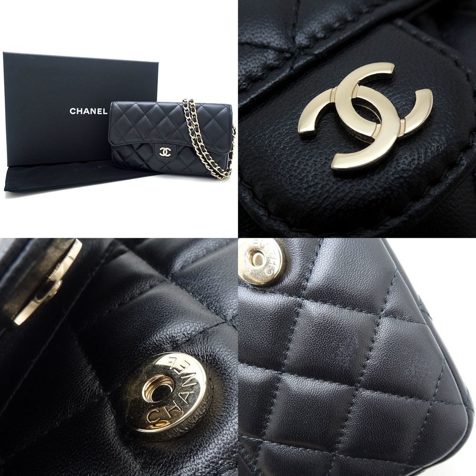 CHANEL Flap Phone Case Shoulder Bag Lambskin Black 351780