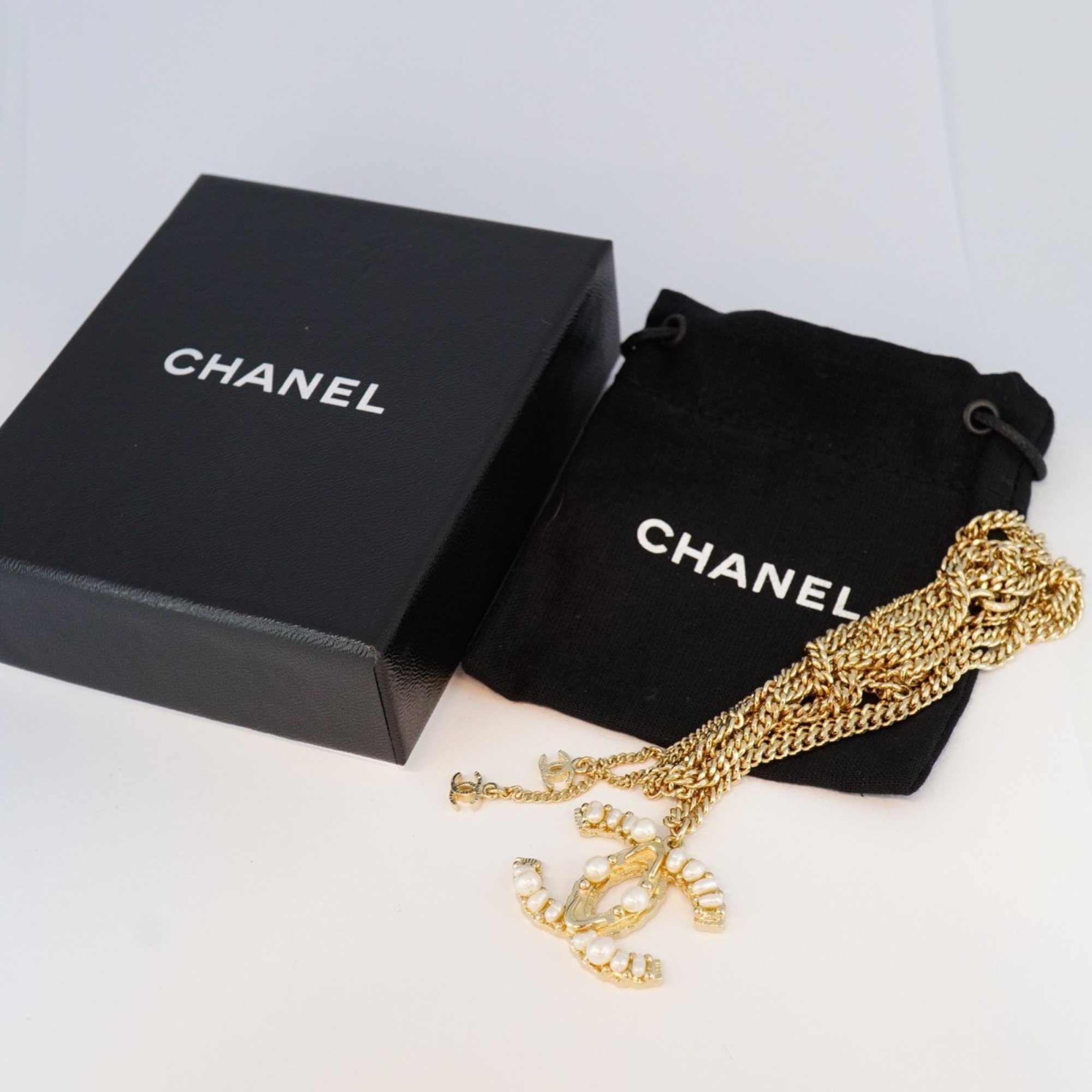 Chanel Necklace Coco Mark Fake Pearl GP Plated Champagne Gold for Women