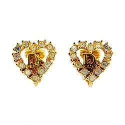 Christian Dior Earrings Heart Motif Rhinestone GP Plated Gold Ladies