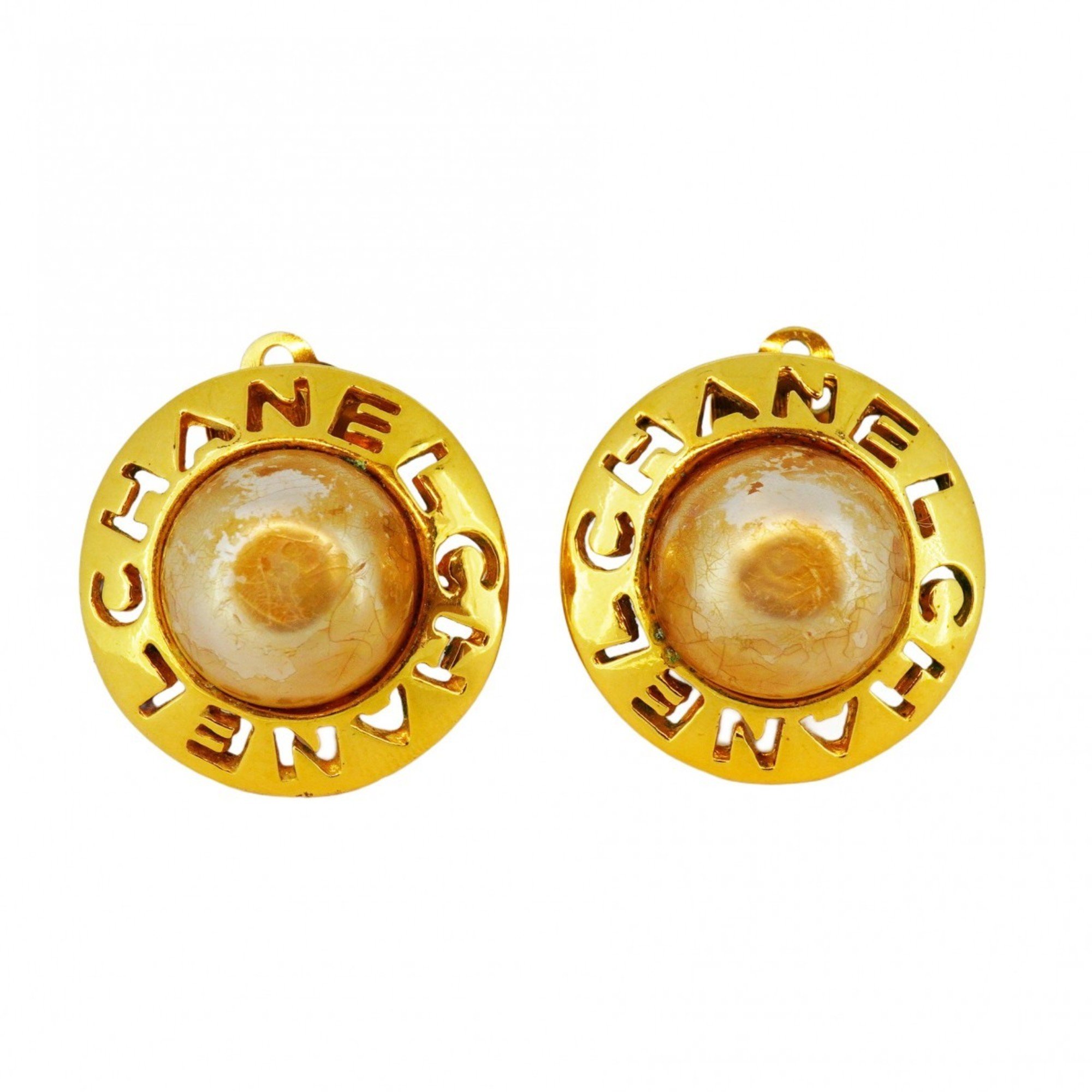 Chanel Earrings Circle Faux Pearl GP Plated Gold Ladies