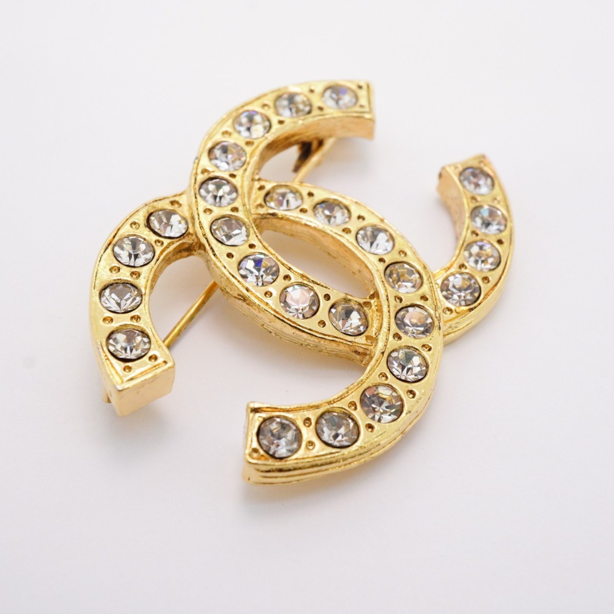 Chanel Brooch Coco Mark Rhinestone GP Plated Gold Ladies