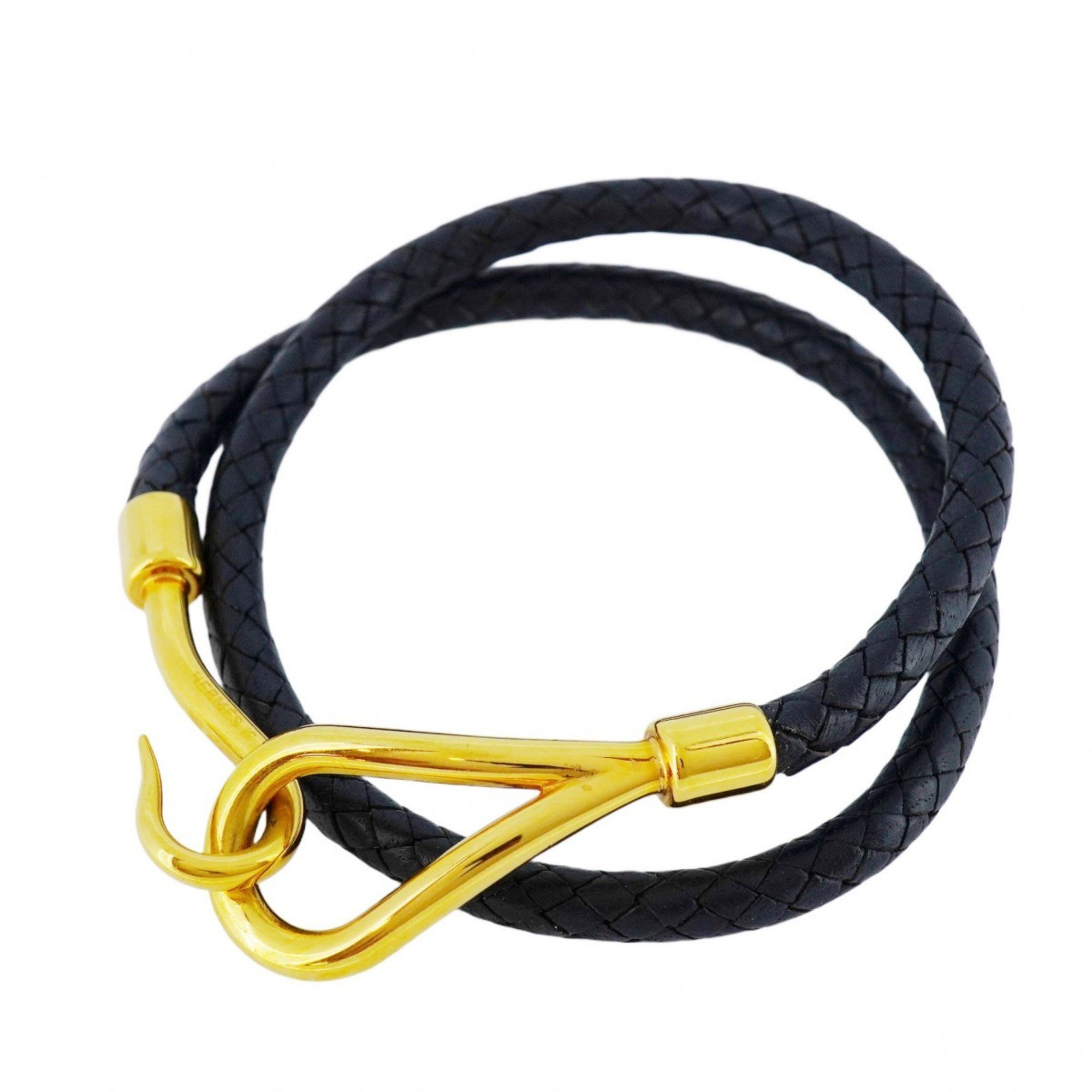 Hermes Bracelet Jumbo Hook GP Plated Leather Gold Black Men Women