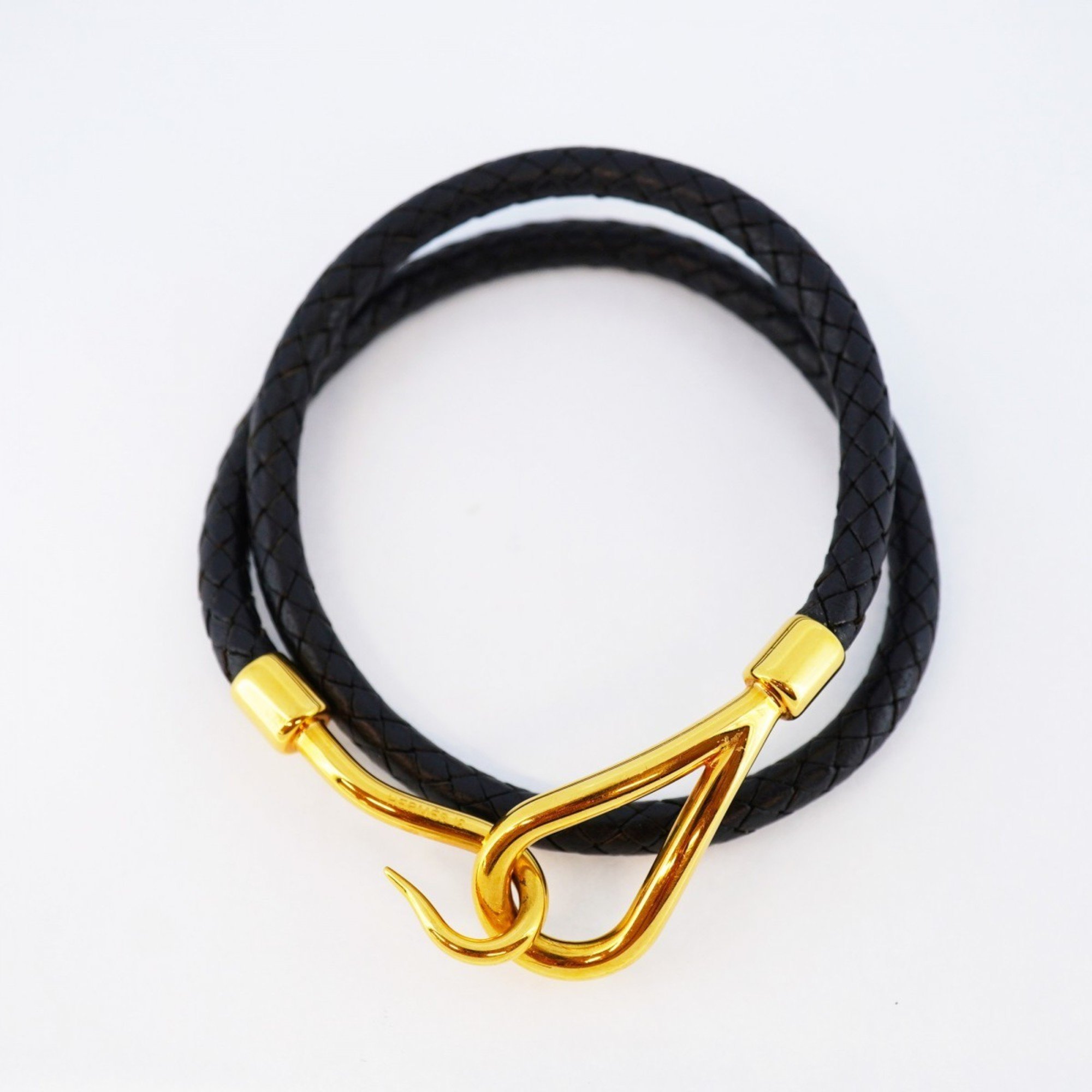 Hermes Bracelet Jumbo Hook GP Plated Leather Gold Black Men Women