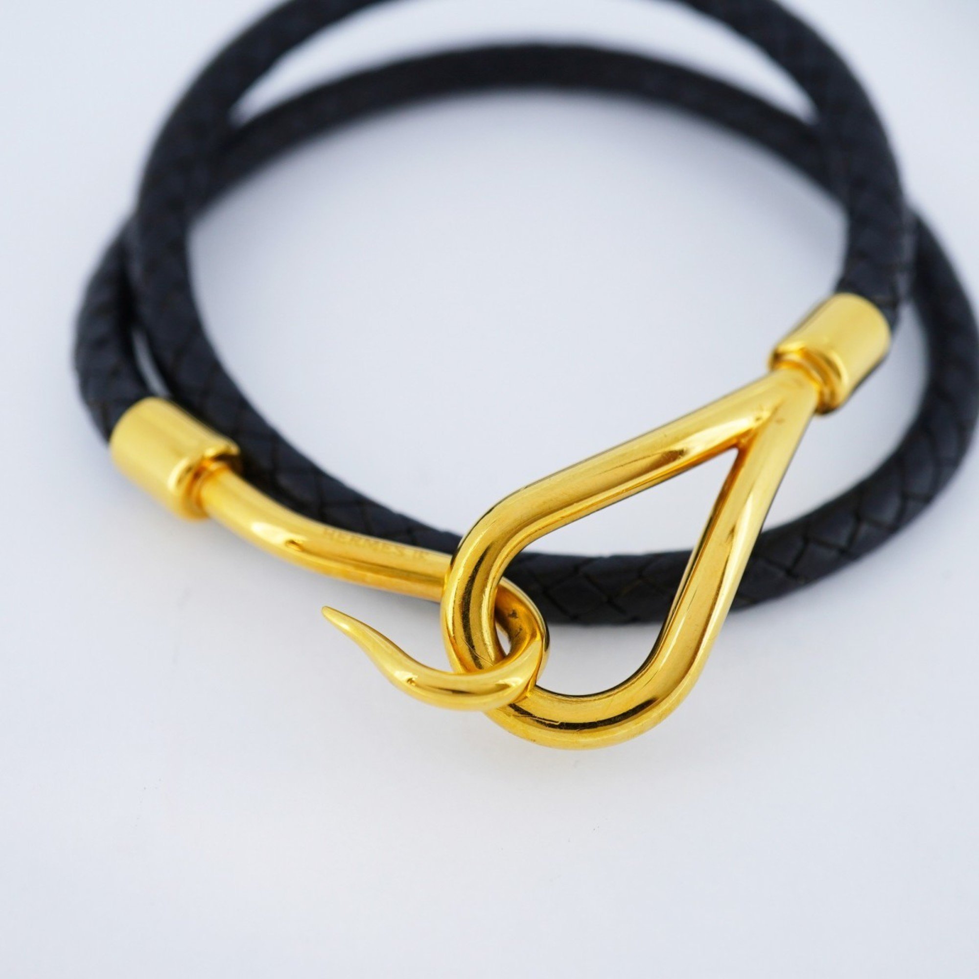 Hermes Bracelet Jumbo Hook GP Plated Leather Gold Black Men Women