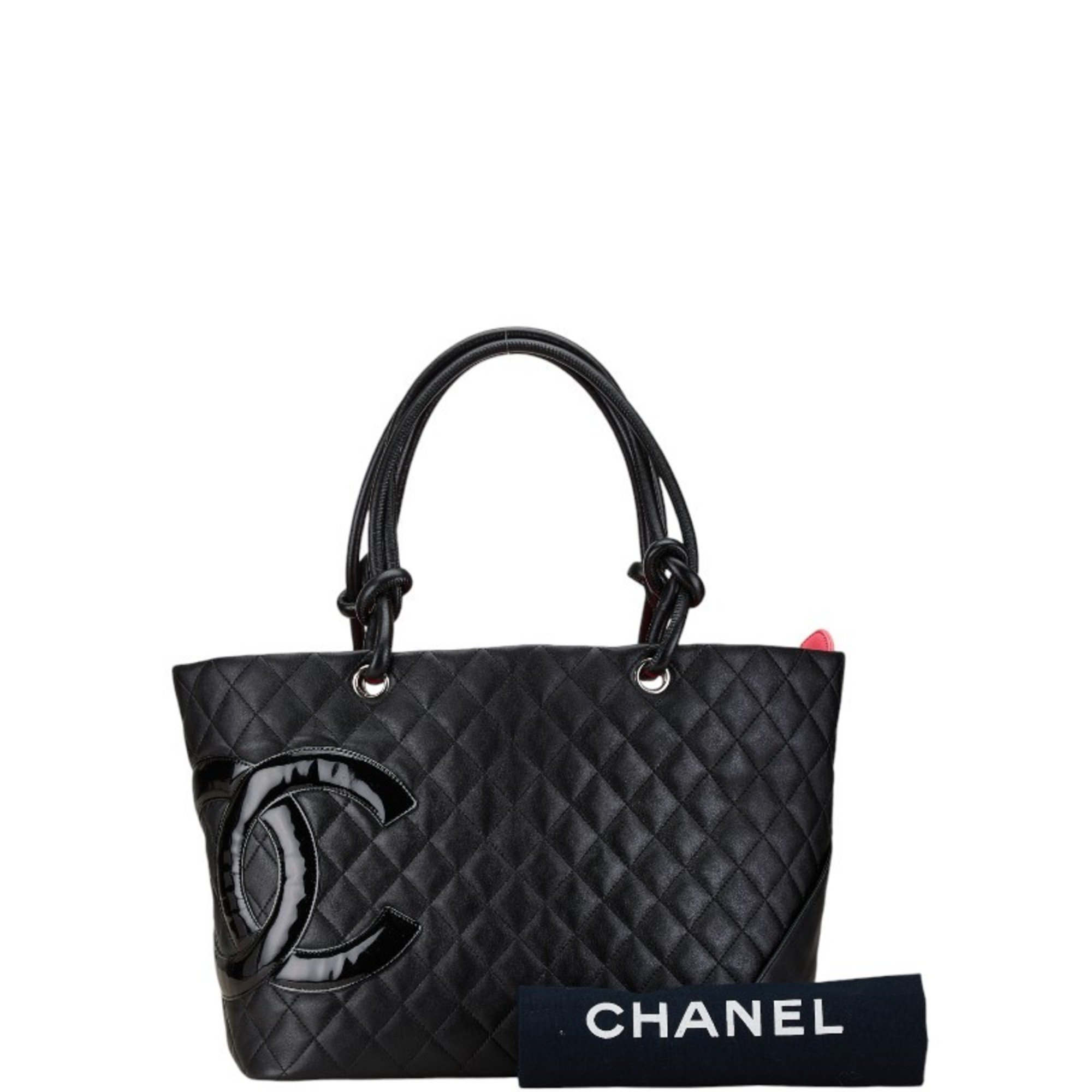 CHANEL Cambon Line Coco Mark Tote Bag Black Lambskin Patent Leather Women's