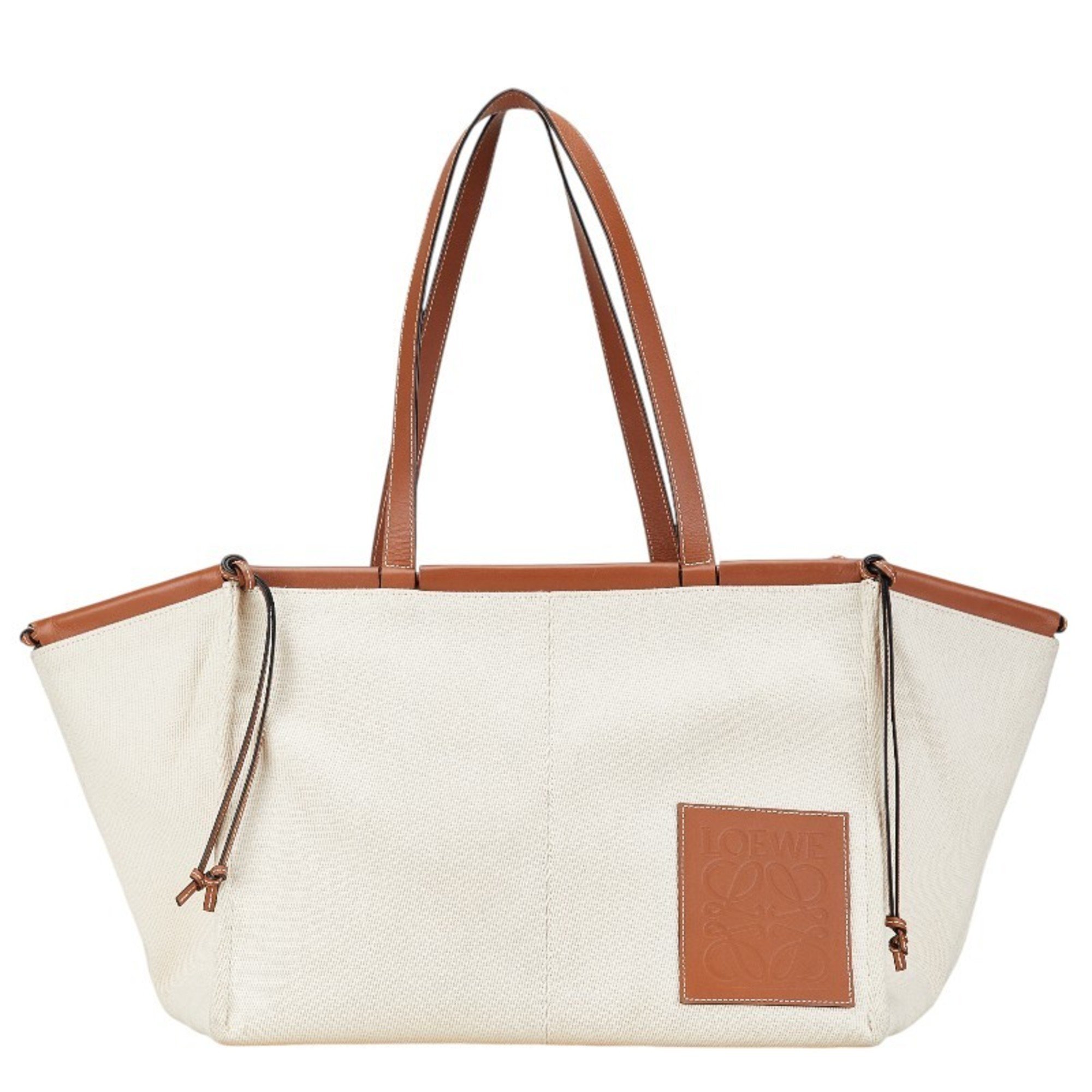 LOEWE Anagram Cushion Tote Bag Beige Brown Canvas Leather Women's