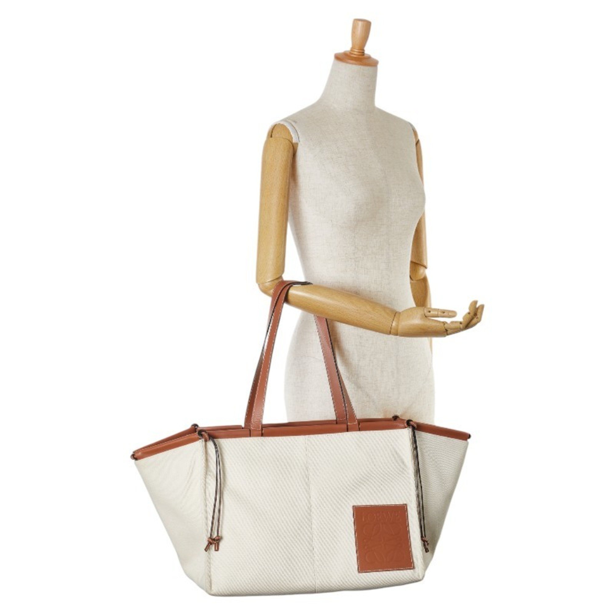 LOEWE Anagram Cushion Tote Bag Beige Brown Canvas Leather Women's