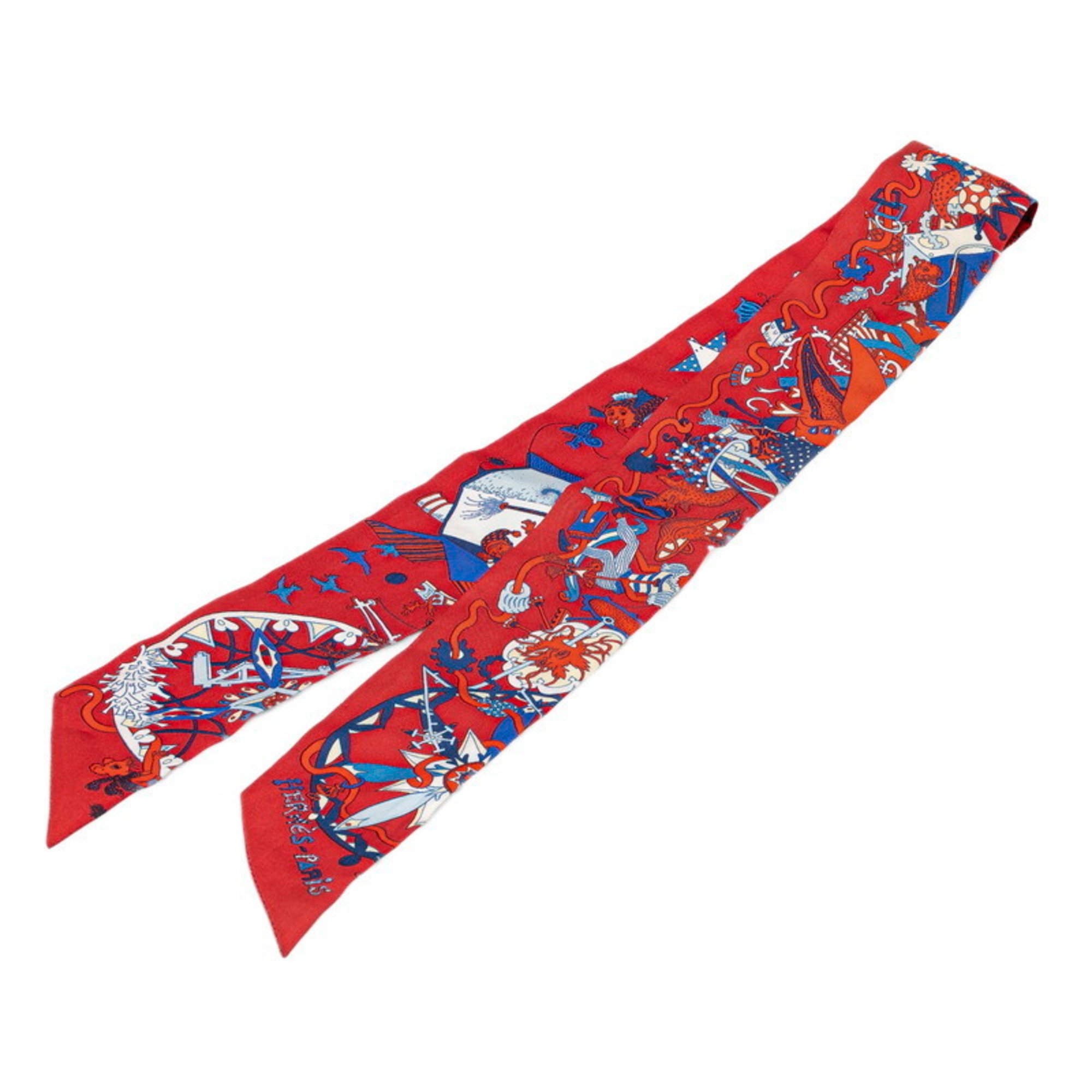 Hermes Twilly LA FOLLE PARADE La Folle Parade Scarf Muffler Red Multicolor Silk Women's HERMES