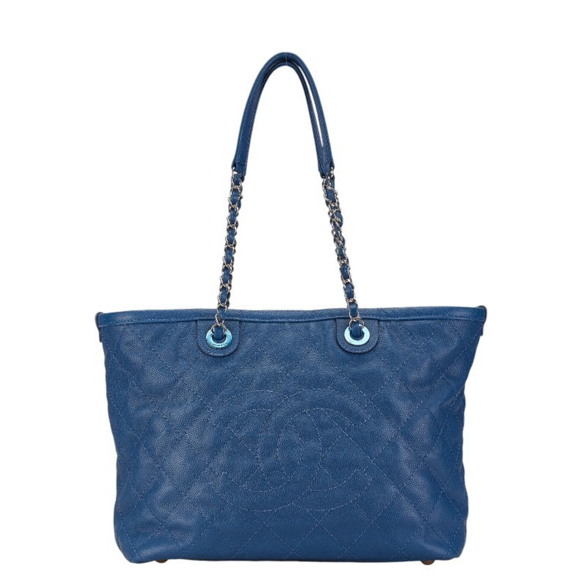 Chanel Matelasse Coco Mark Chain Tote Bag Blue Caviar Skin Women's CHANEL