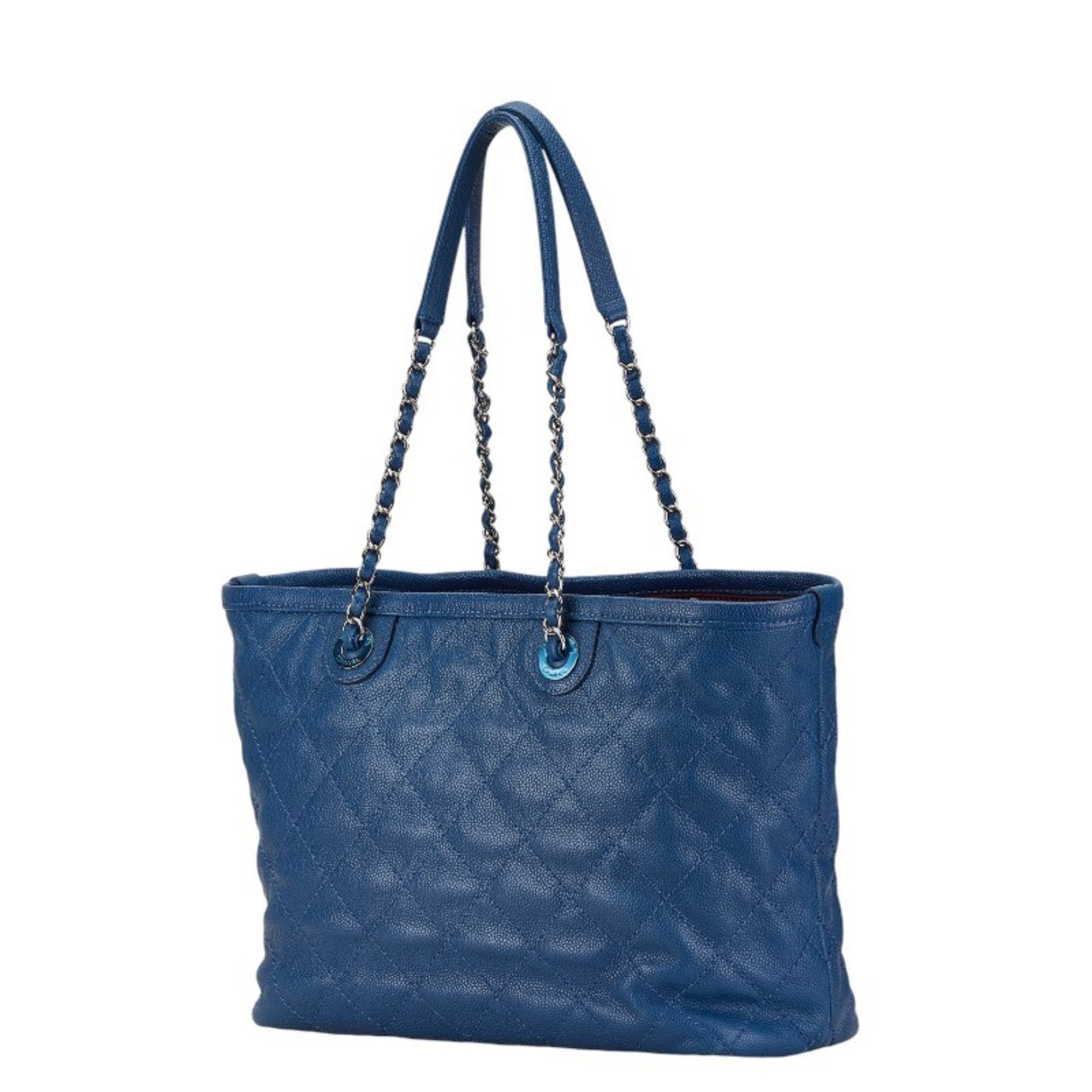 Chanel Matelasse Coco Mark Chain Tote Bag Blue Caviar Skin Women's CHANEL