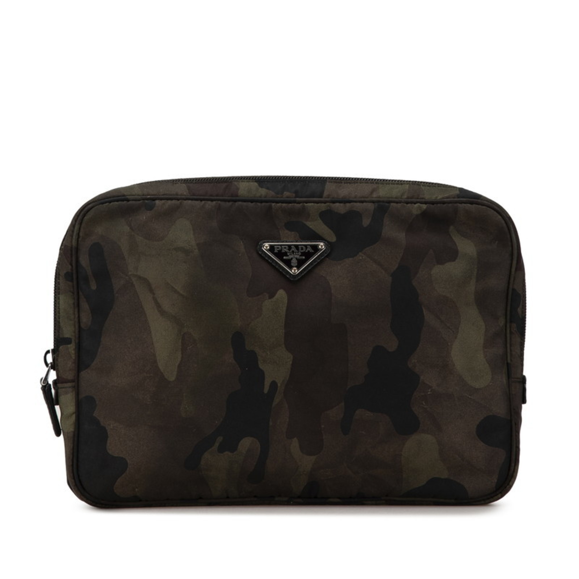 Prada Camouflage Triangle Plate Clutch Bag Second Khaki Green Nylon Women's PRADA