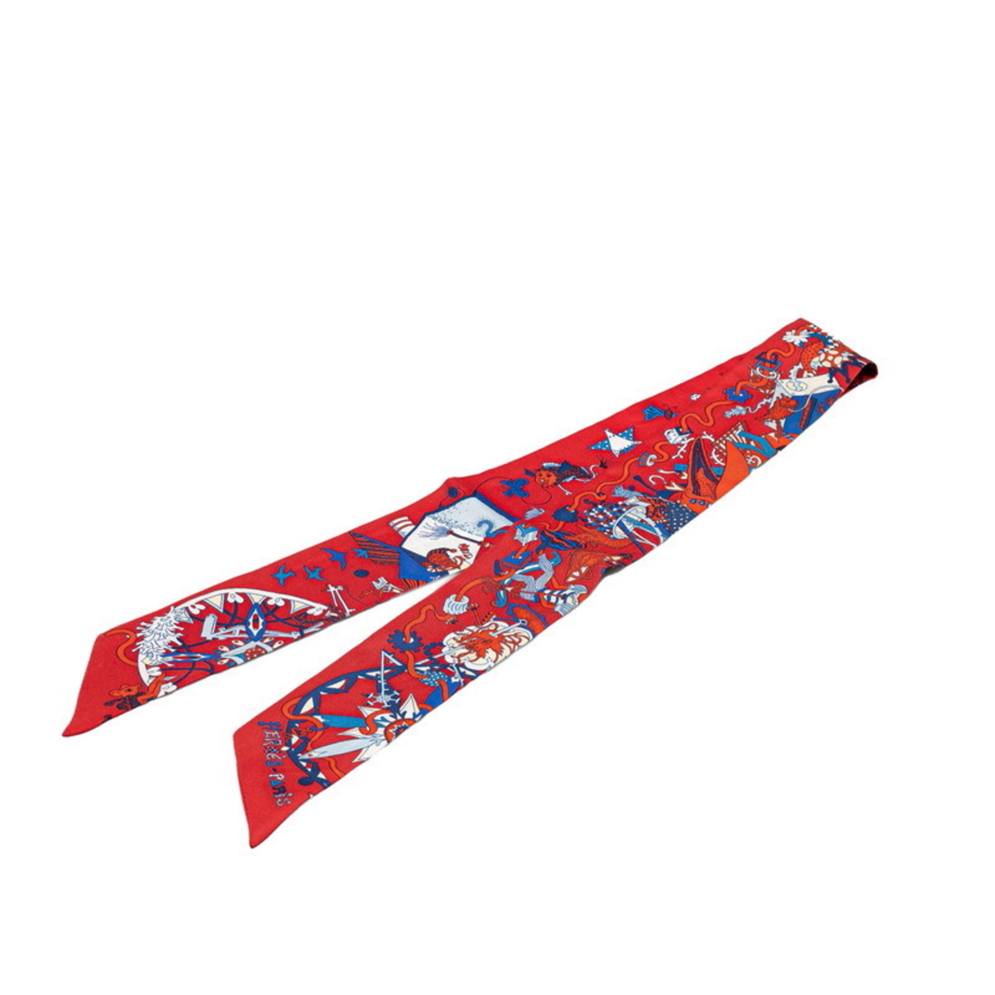 Hermes Twilly LA FOLLE PARADE La Folle Parade Scarf Muffler Red Multicolor Silk Women's HERMES