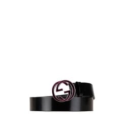 Gucci Interlocking G Belt 80.32 Black Pink Silver Leather Metal Women's GUCCI