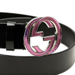 Gucci Interlocking G Belt 80.32 Black Pink Silver Leather Metal Women's GUCCI