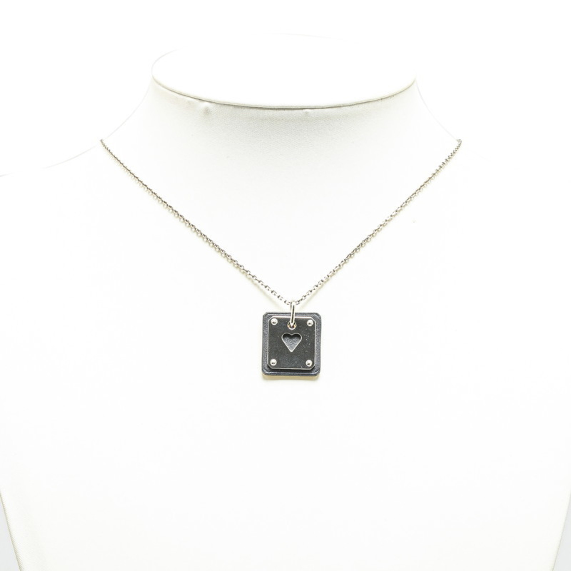 Hermes As de Cour Necklace Silver Black Metal Leather Women's HERMES