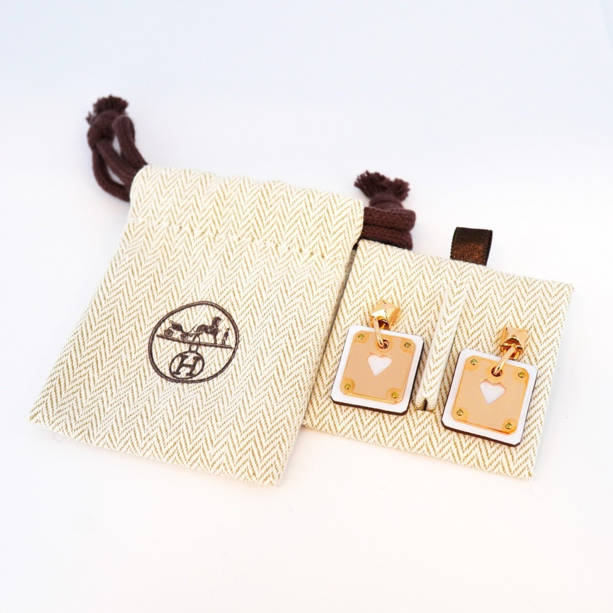 Hermes Earrings Asdukur GP Plated Leather White Rose Gold U Stamp Ladies