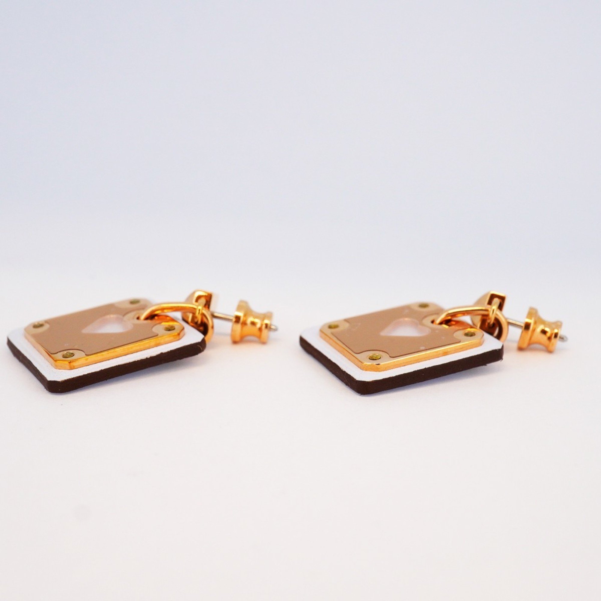 Hermes Earrings Asdukur GP Plated Leather White Rose Gold U Stamp Ladies