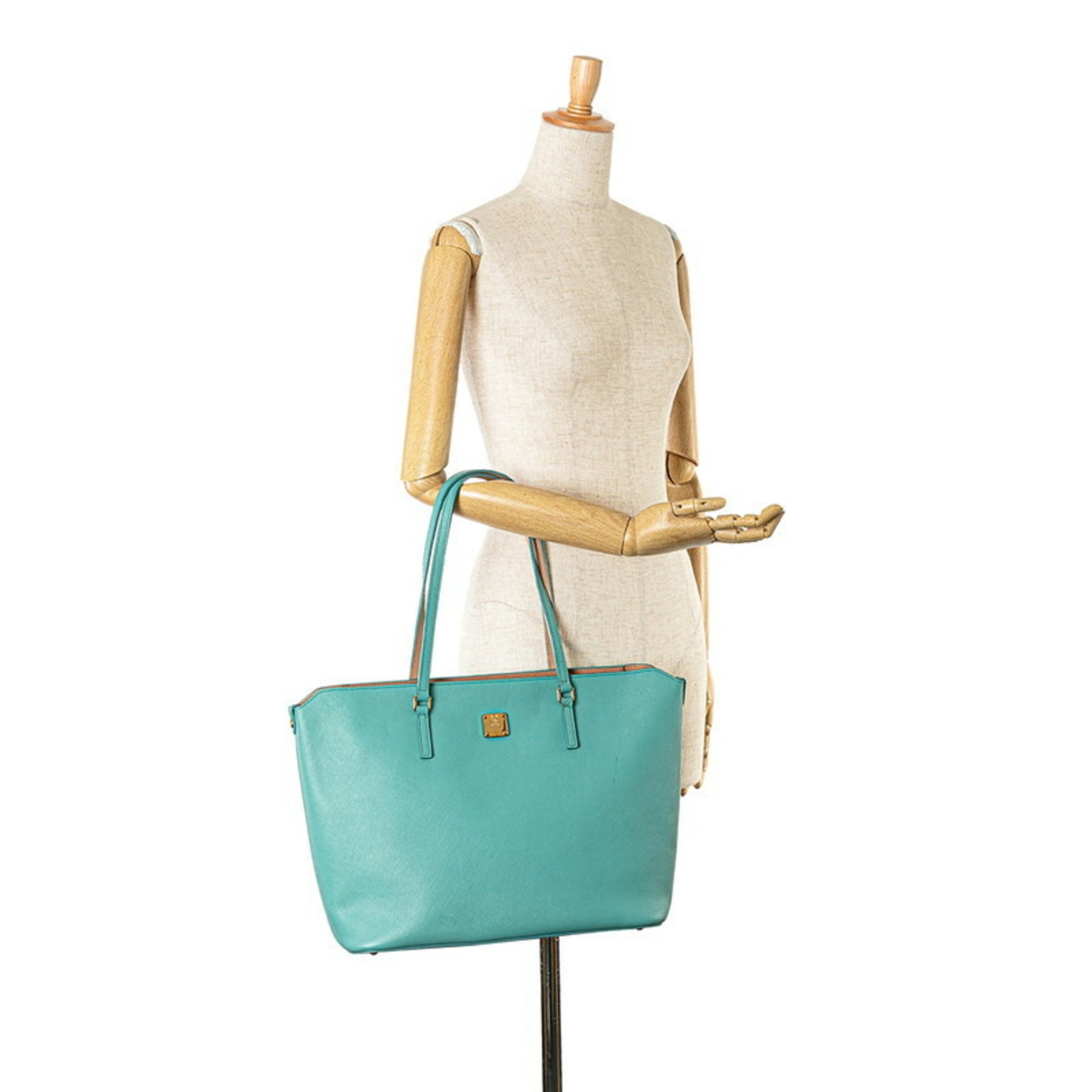 MCM Tote Bag Green Leather Women's