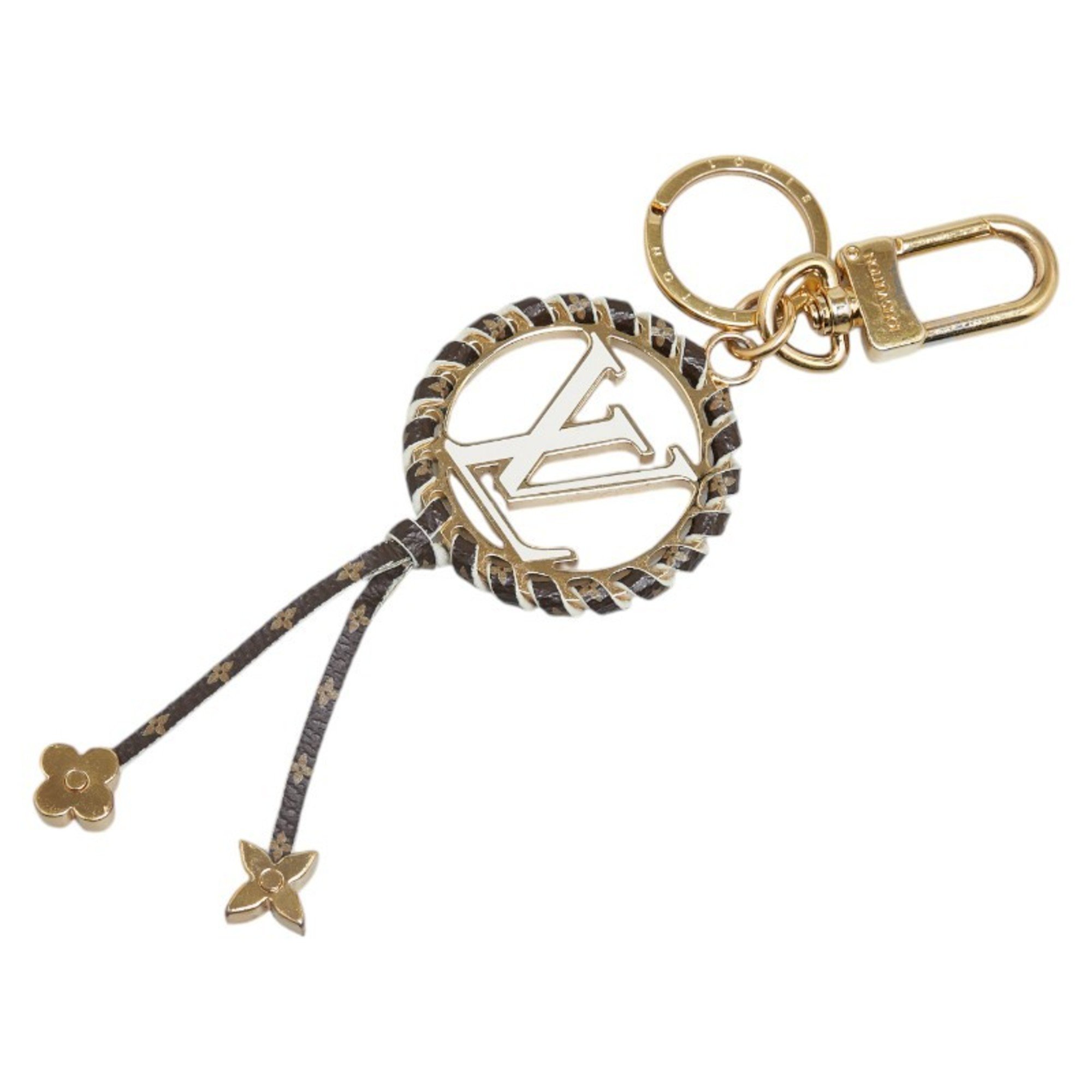 Louis Vuitton Monogram Porte Cle Berry Keychain M68476 Gold White Brown Plated Leather Women's LOUIS VUITTON