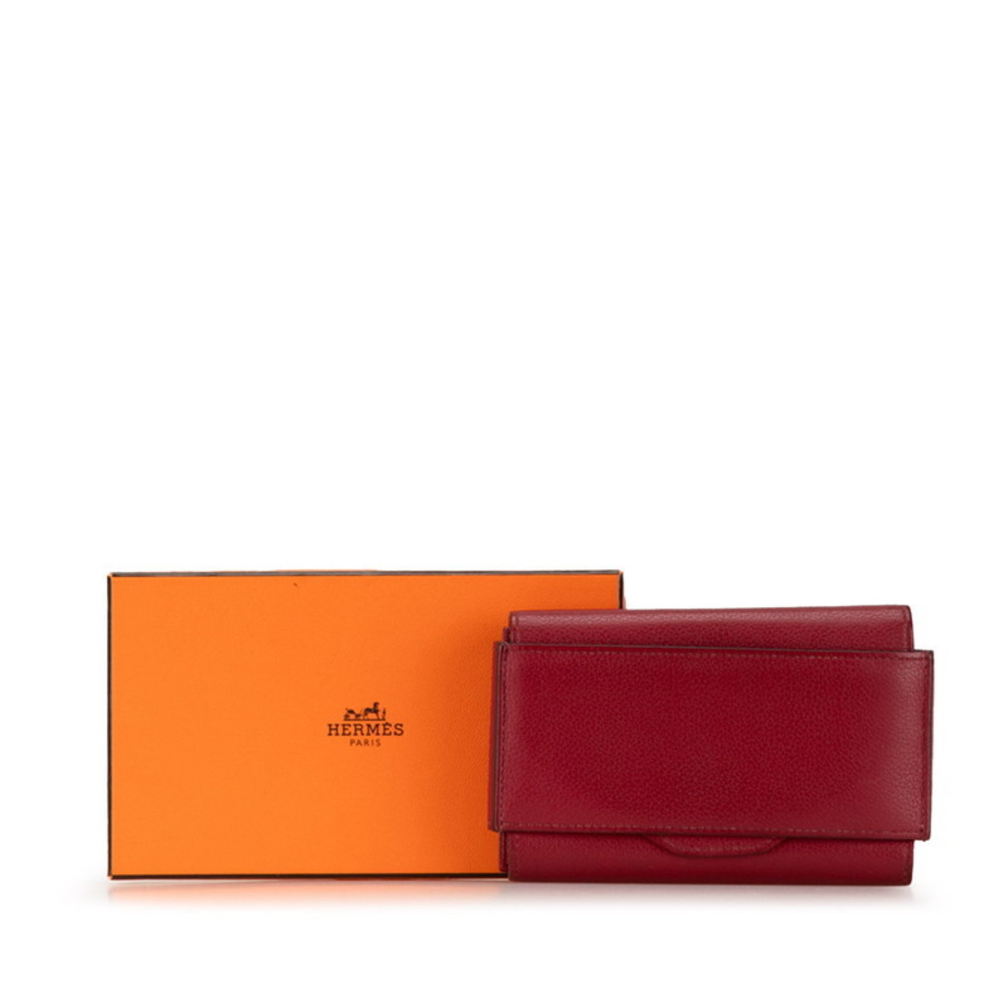 Hermes Passant Compact Bi-fold Wallet Red Evercalf Women's HERMES