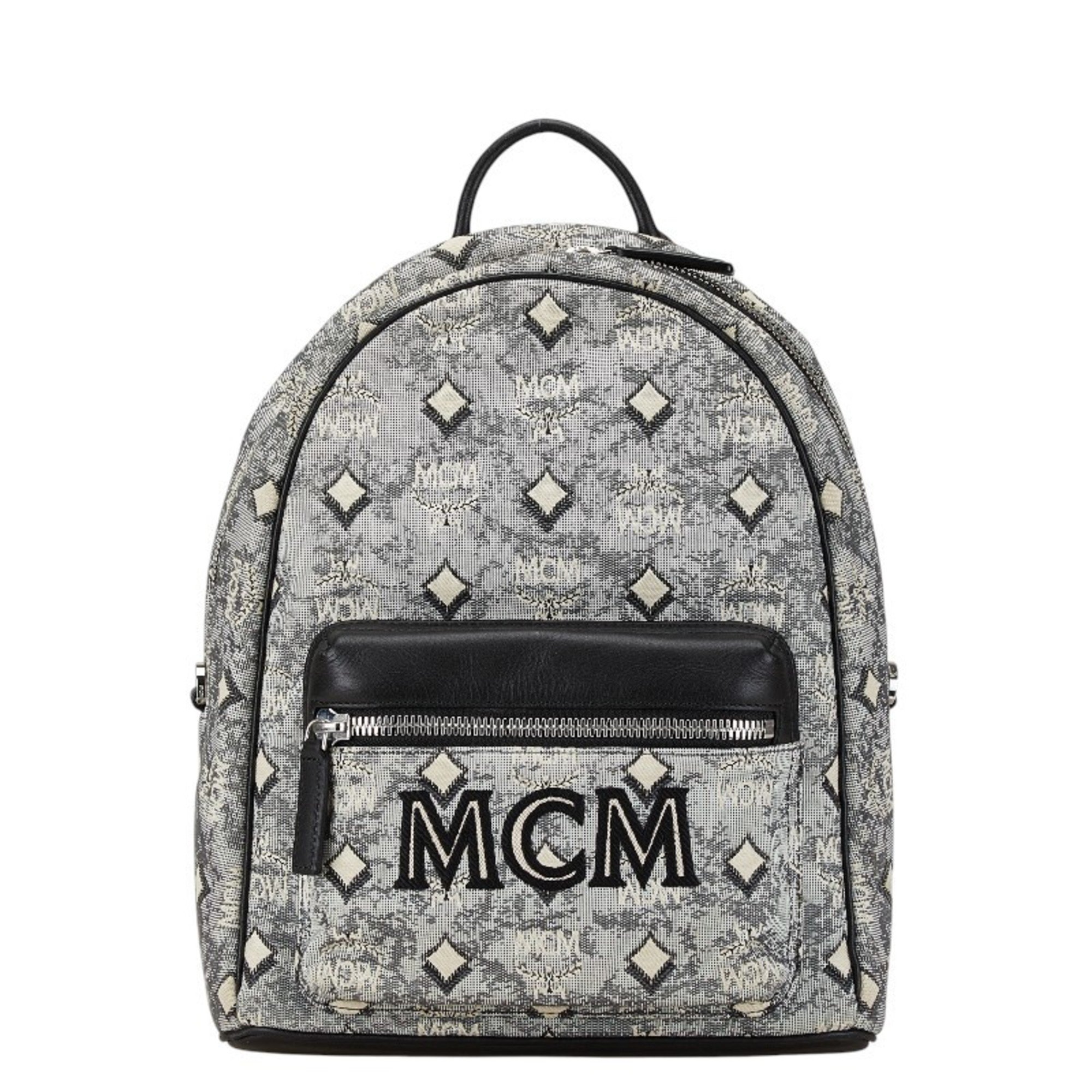 MCM Stark Jacquard Backpack Black Blue Grey Canvas Leather Women's