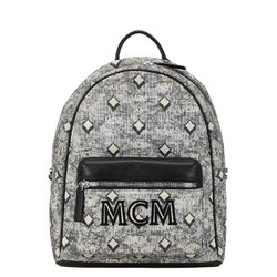 MCM Stark Jacquard Backpack Black Blue Grey Canvas Leather Women's