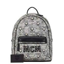 MCM Stark Jacquard Backpack Black Blue Grey Canvas Leather Women's