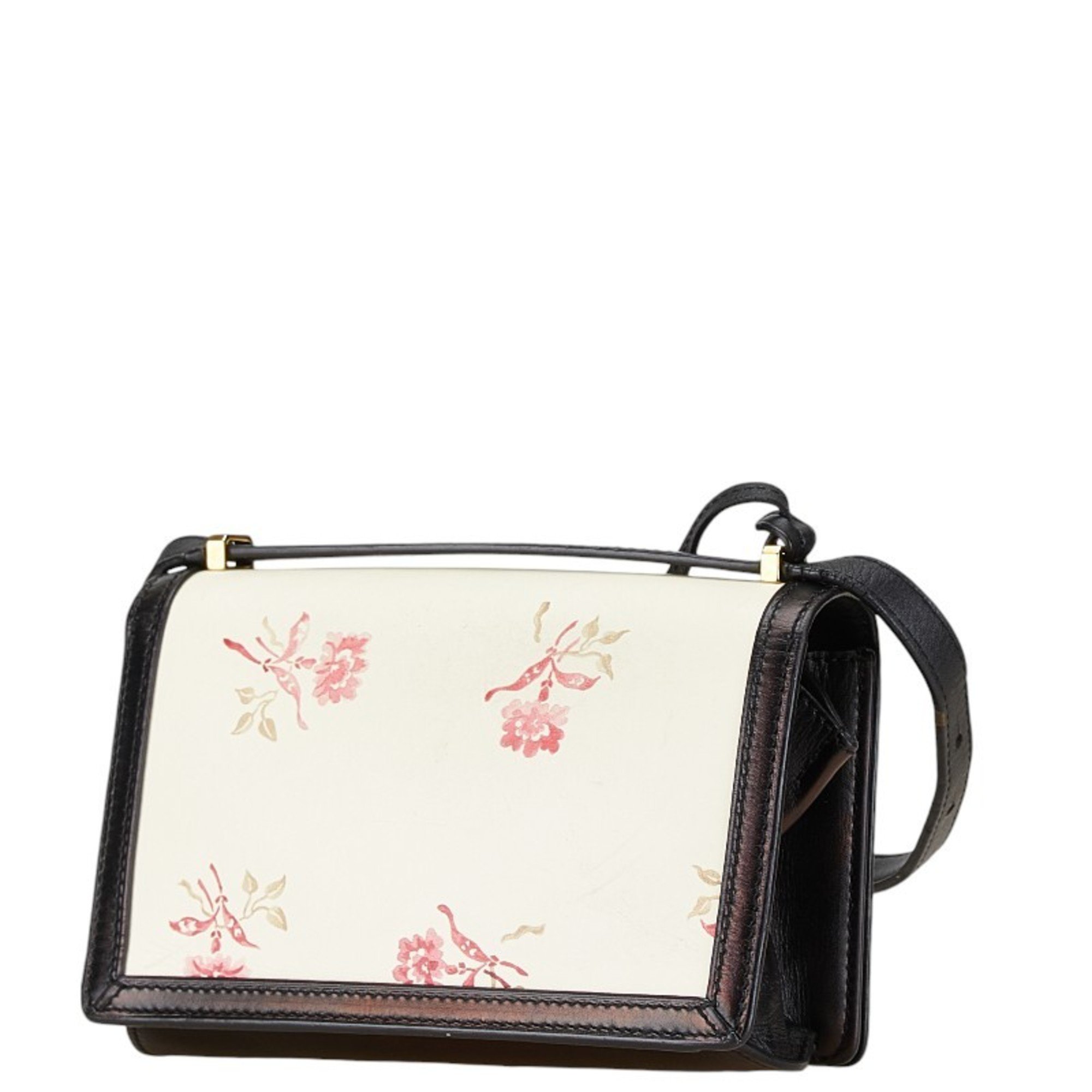 LOEWE Barcelona Flower Pattern Shoulder Bag 061612 Ivory White Black Leather Women's