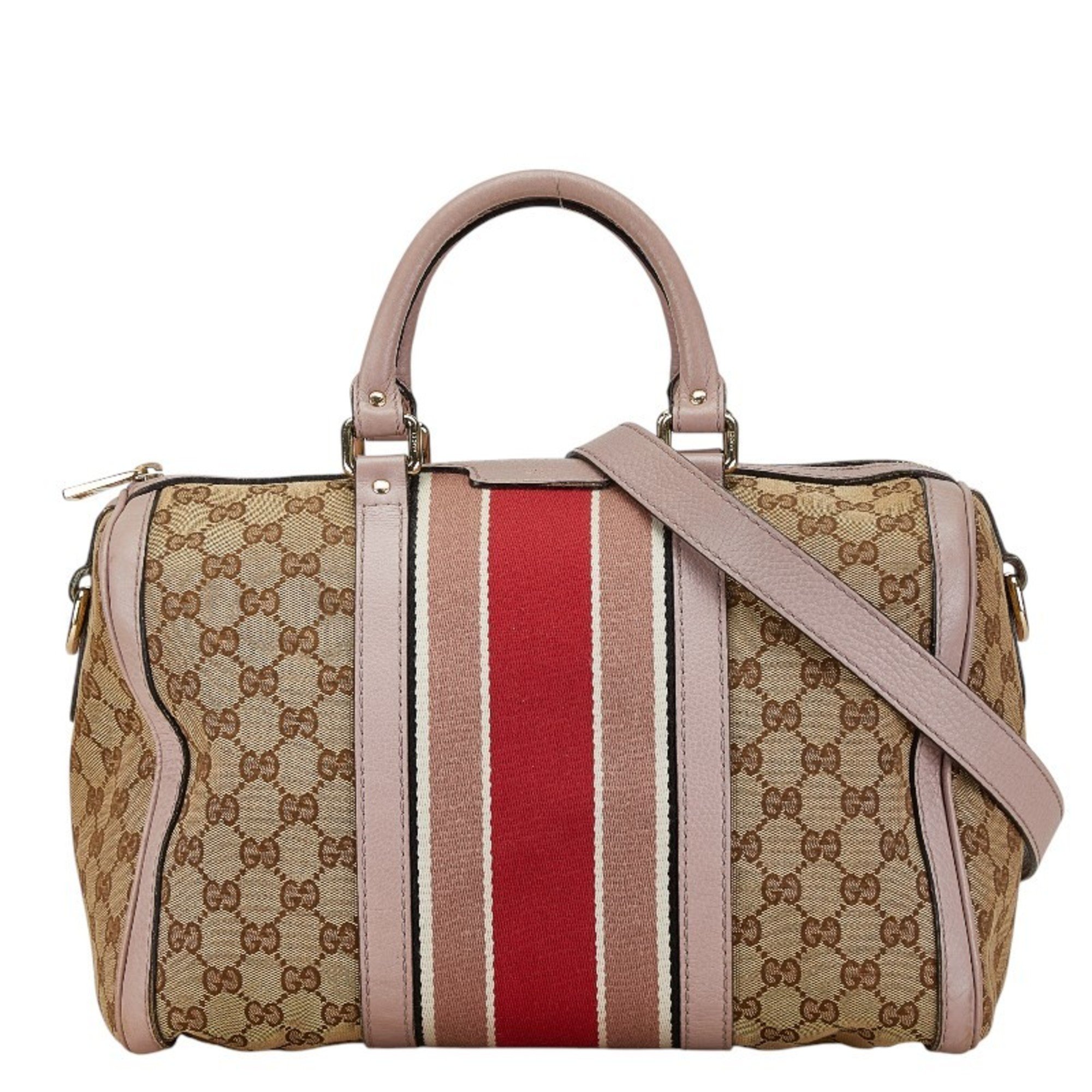 Gucci GG Canvas Sherry Line Boston Bag Shoulder 247205 Beige Pink Leather Women's GUCCI