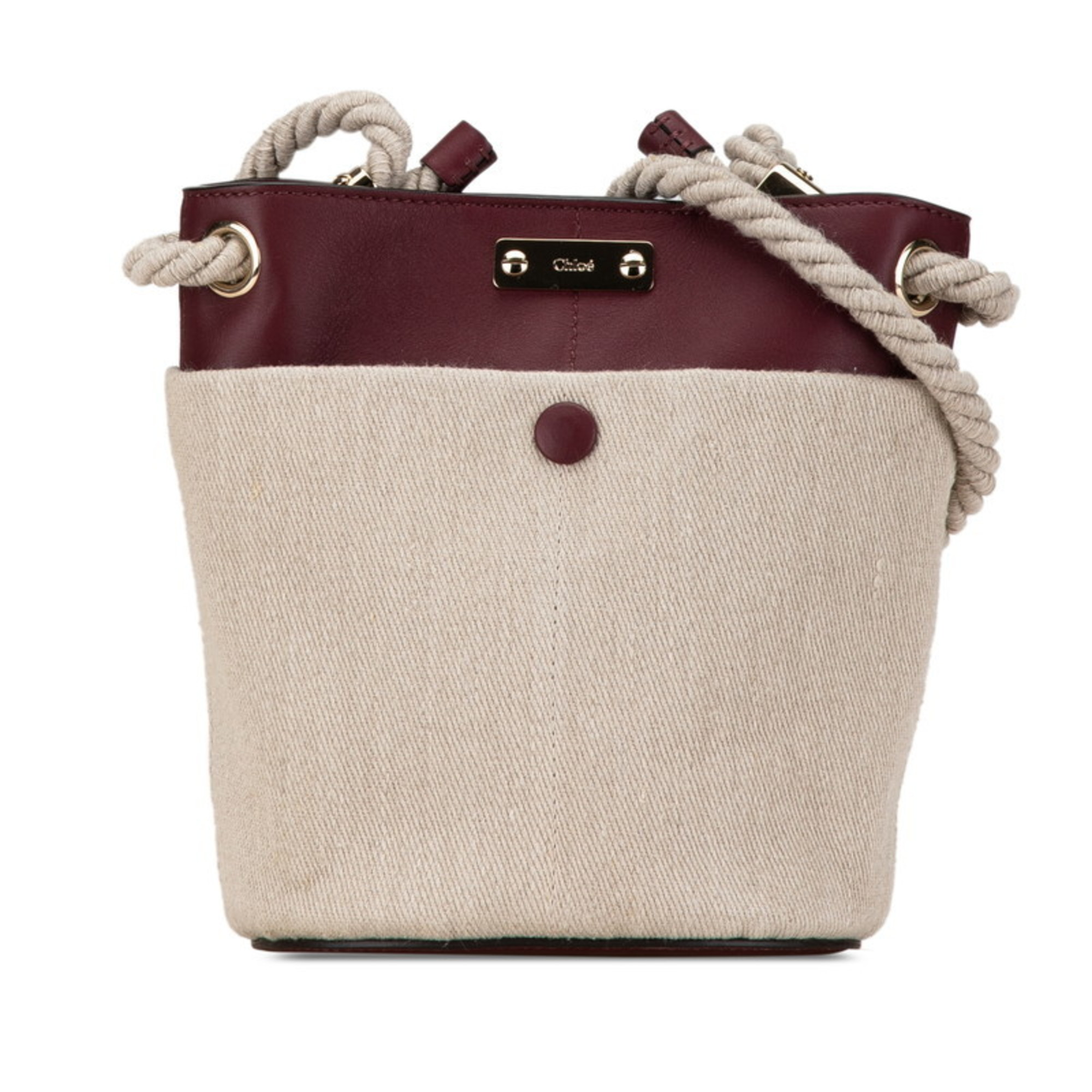 Chloé Chloe Small Bucket Shoulder Bag Beige Wine Red Linen Leather Women's