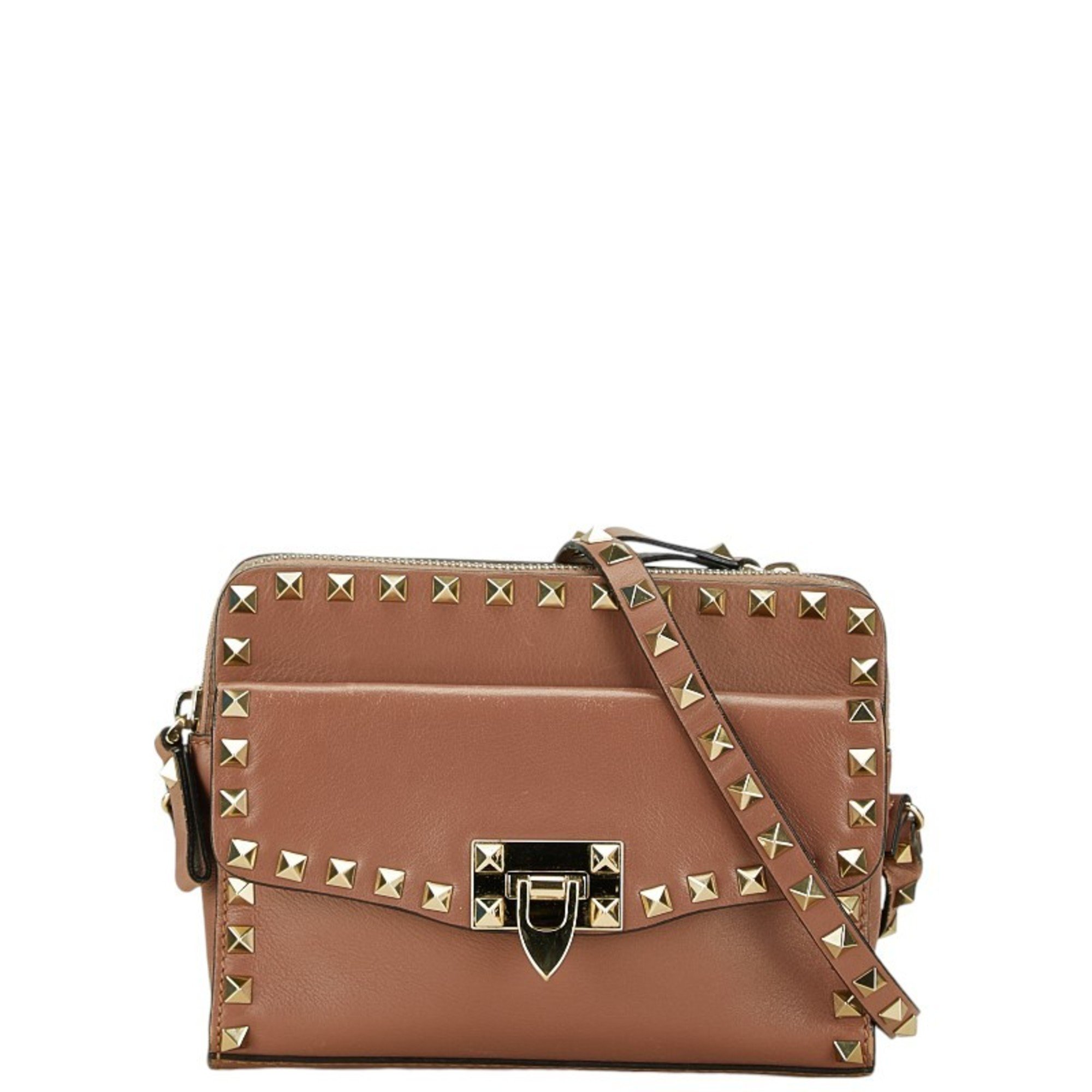 Valentino Roman Stud Shoulder Bag Pink Beige Brown Leather Women's