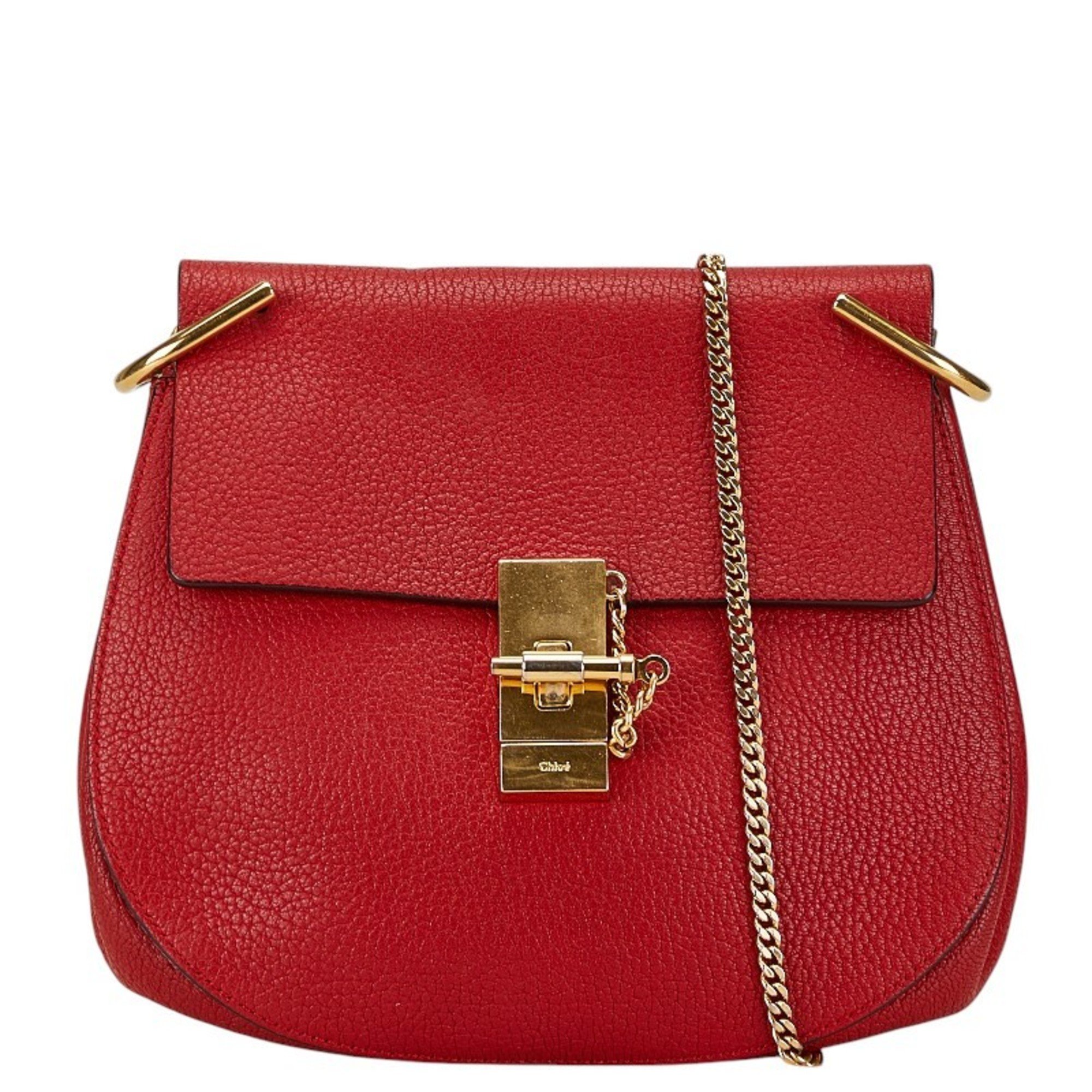 Chloé Chloe Drew Chain Shoulder Bag Red Gold Leather Women's