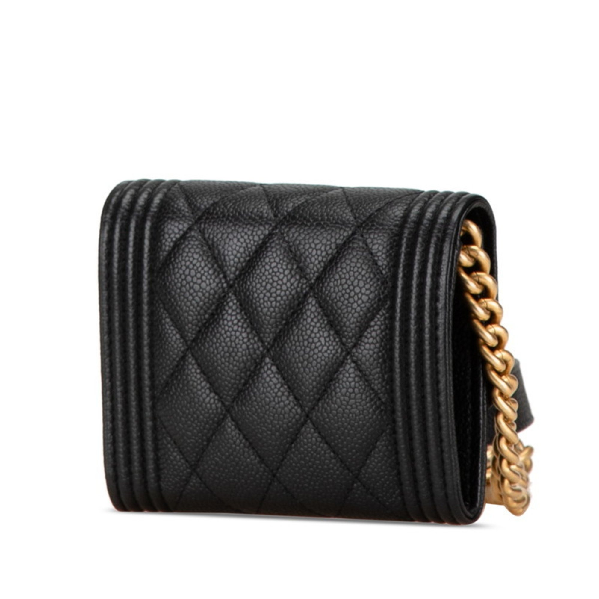 Chanel Boy Chain Wallet Shoulder Bag Black Gold Caviar Skin Women's CHANEL