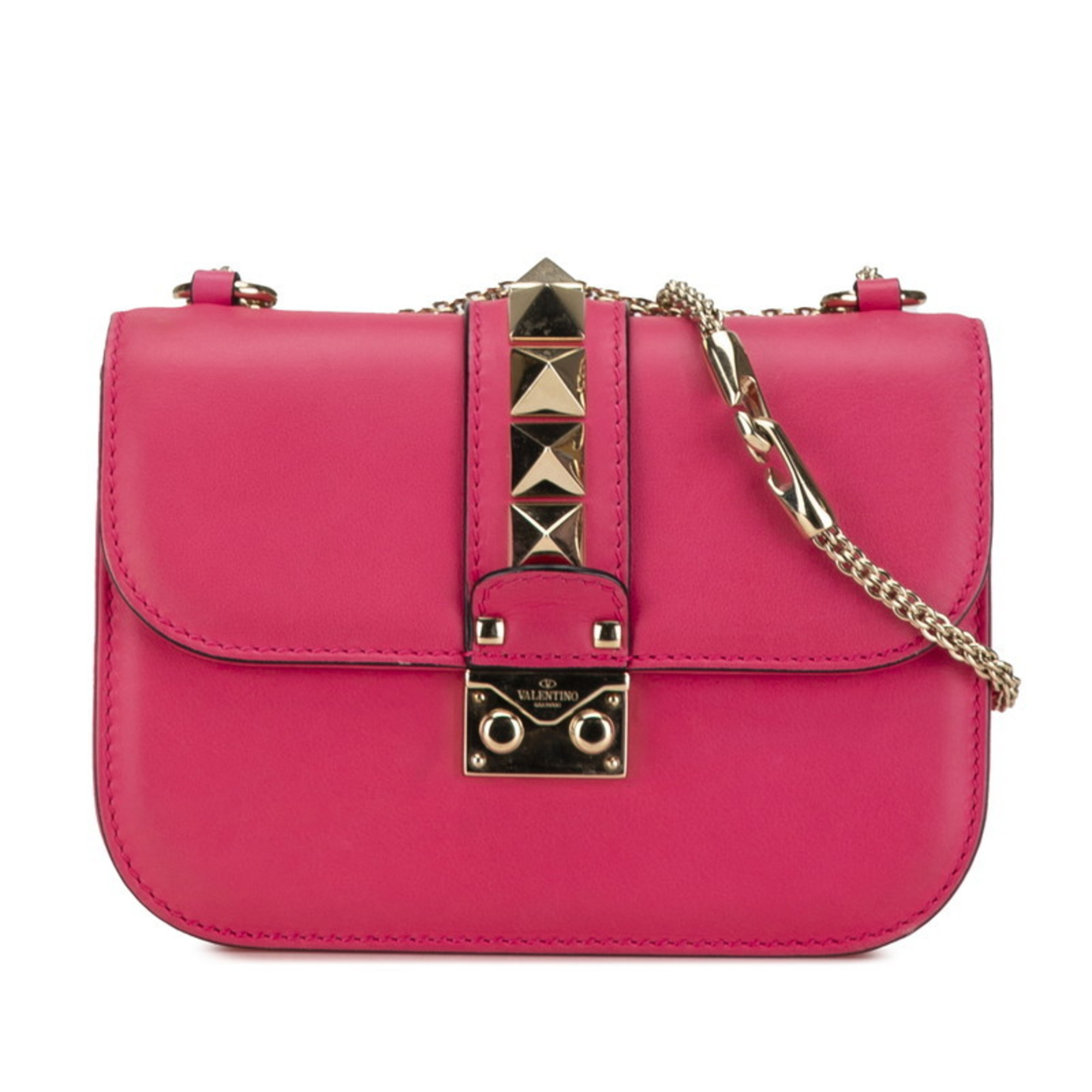 Valentino Rockstud Chain Shoulder Bag Pink Leather Women's