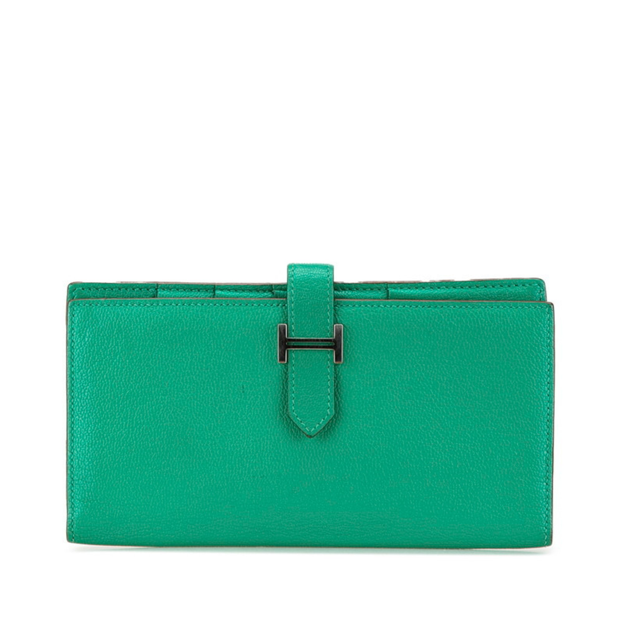 Hermes Bearn Soufflet P hardware long wallet green chevre ladies HERMES