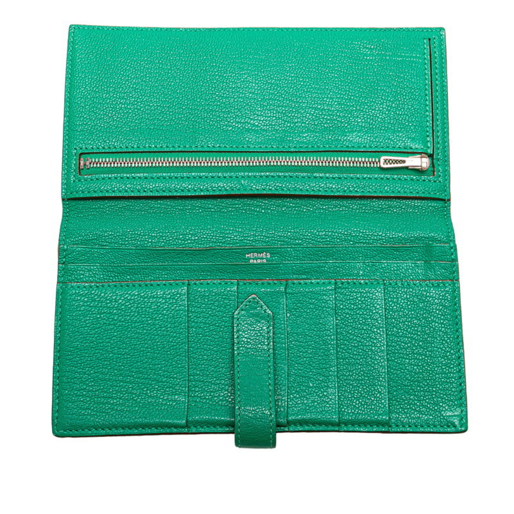 Hermes Bearn Soufflet P hardware long wallet green chevre ladies HERMES