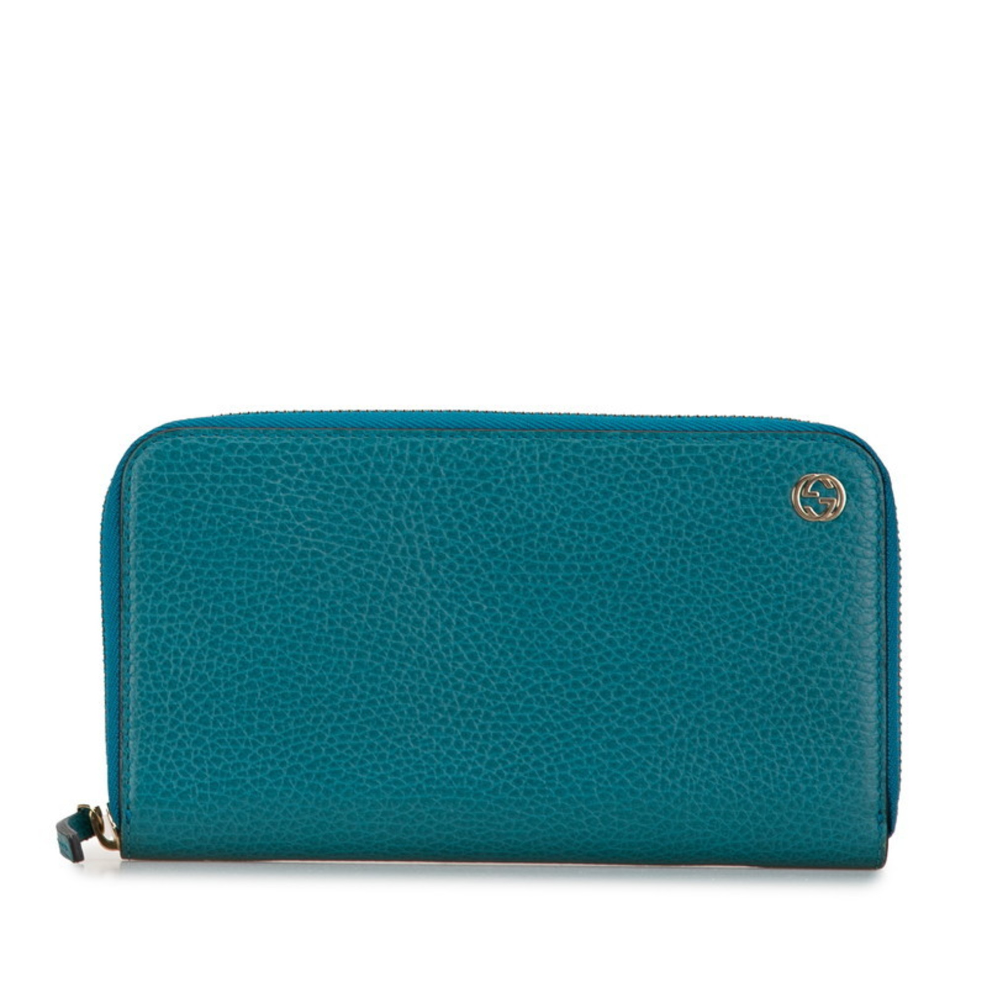 Gucci Interlocking G Round Long Wallet 449347 Blue Green Leather Women's GUCCI