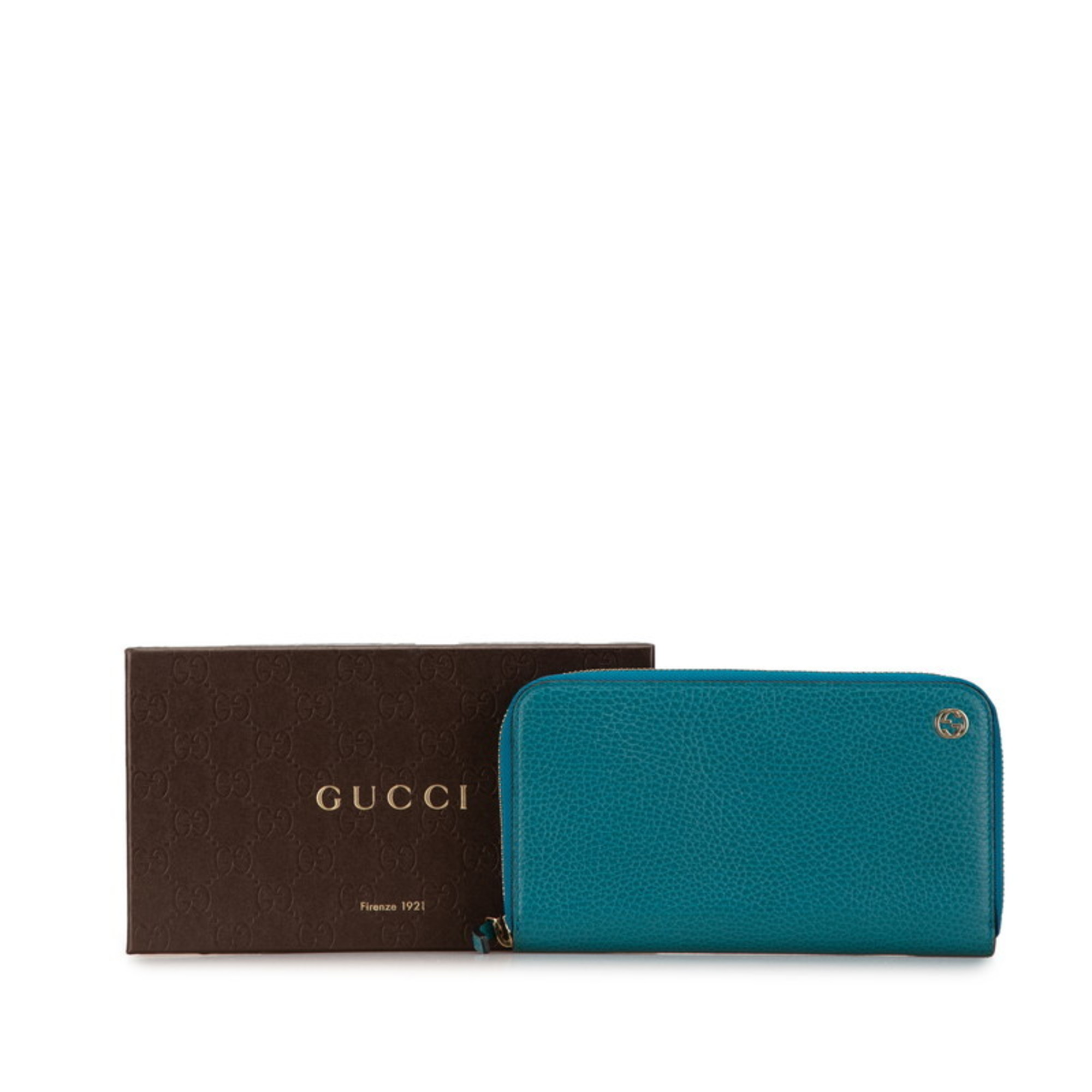 Gucci Interlocking G Round Long Wallet 449347 Blue Green Leather Women's GUCCI