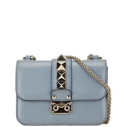 Valentino Rockstud Chain Shoulder Bag Light Blue Leather Women's